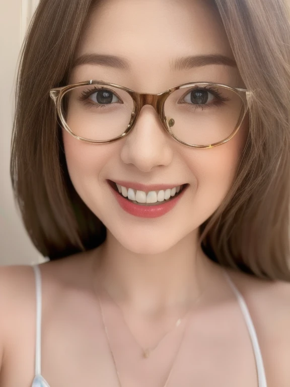 (realistic、masterpiece、Best Quality、8K、highres、high resolution:1.3)、1 glasses girl、Huge breasts、smile, white bikini、pale white skin、looking at viewers、super fine face and eyes、long hair、indoor、 upper body、