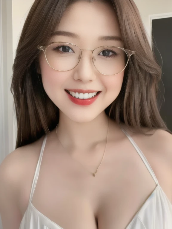 (realistic、masterpiece、Best Quality、8K、highres、high resolution:1.3)、1 glasses girl、Huge breasts、smile, white bikini、pale white skin、looking at viewers、super fine face and eyes、long hair、indoor、 upper body、