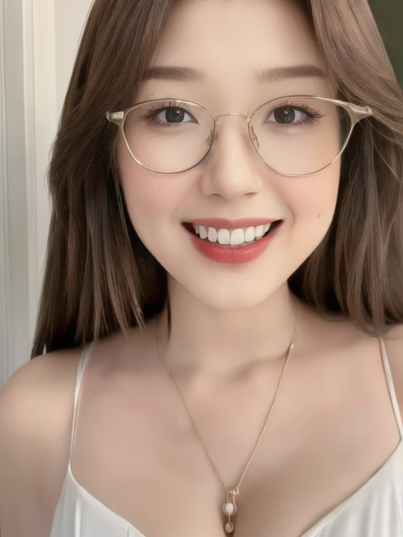 (realistic、masterpiece、Best Quality、8K、highres、high resolution:1.3)、1 glasses girl、Huge breasts、smile, white bikini、pale white skin、looking at viewers、super fine face and eyes、long hair、indoor、 upper body、