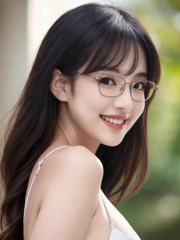 (realistic、masterpiece、Best Quality、8K、highres、high resolution:1.3)、1 glasses girl、smile, Huge breasts、white bikini、pale white skin、looking at viewers、super fine face and eyes、long hair、indoor、 upper body、