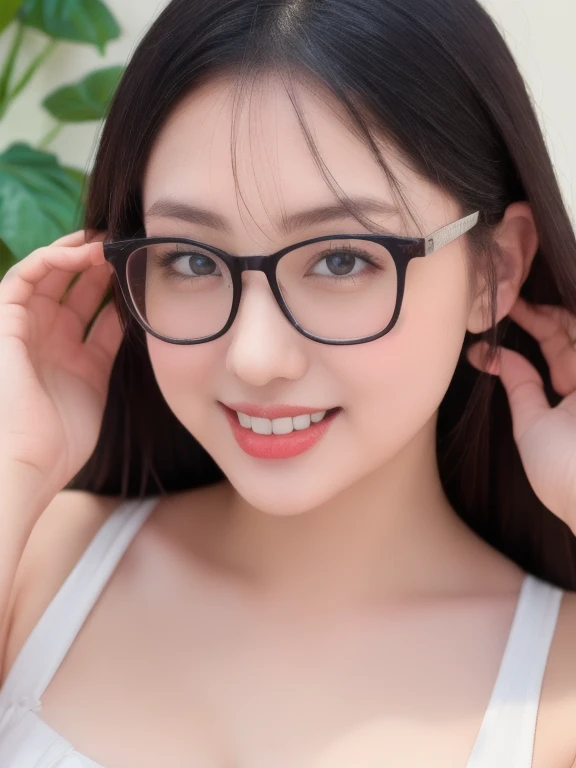 (realistic、masterpiece、Best Quality、8K、highres、high resolution:1.3)、1 glasses girl、smile, Huge breasts、white bikini、pale white skin、looking at viewers、super fine face and eyes、long hair、indoor、 upper body、