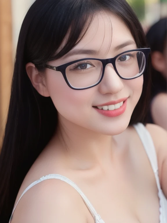 (realistic、masterpiece、Best Quality、8K、highres、high resolution:1.3)、1 glasses girl、smile, Huge breasts、white bikini、pale white skin、looking at viewers、super fine face and eyes、long hair、indoor、 upper body、