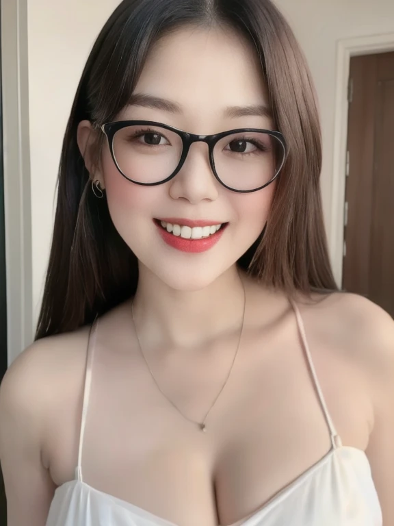 (realistic、masterpiece、Best Quality、8K、highres、high resolution:1.3)、1 glasses girl、Huge breasts、smile, white bikini、pale white skin、looking at viewers、super fine face and eyes、long hair、indoor、 upper body、