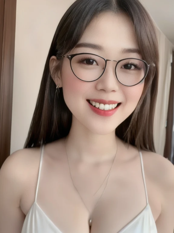 (realistic、masterpiece、Best Quality、8K、highres、high resolution:1.3)、1 glasses girl、Huge breasts、smile, white bikini、pale white skin、looking at viewers、super fine face and eyes、long hair、indoor、 upper body、