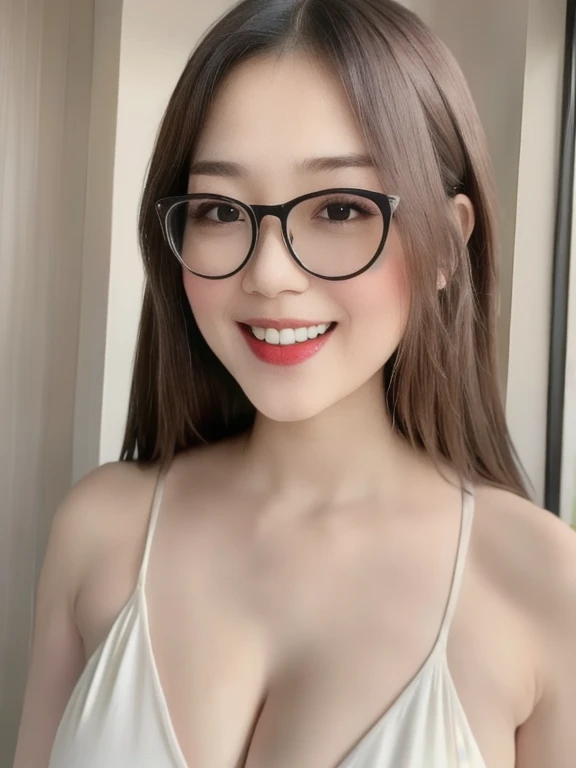 (realistic、masterpiece、Best Quality、8K、highres、high resolution:1.3)、1 glasses girl、Huge breasts、smile, white bikini、pale white skin、looking at viewers、super fine face and eyes、long hair、indoor、 upper body、