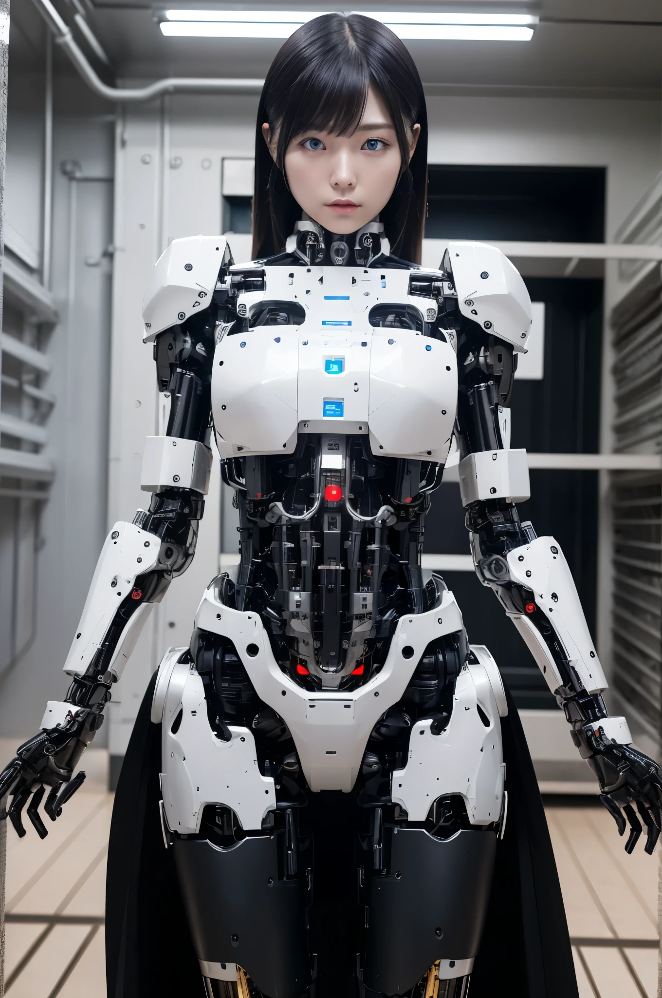 masterpiece, best quality, extremely detailed,8k portrait,Japaese android girl,Plump,control panels,android,Droid,Mechanical Hand, Robot arms and legs, Black Robot Parts,Black hair,Mechanical body,Blunt bangs,White robotics parts,perfect robot girl,long tube,thick cable connected her neck,ceramic body ,mechanical body,mechanical costume,android,robot,humanoid,cyborg,japanese android woman,mechanical chest,future laboratory,connecting a cable between the legs,(blue eyes:1.5)