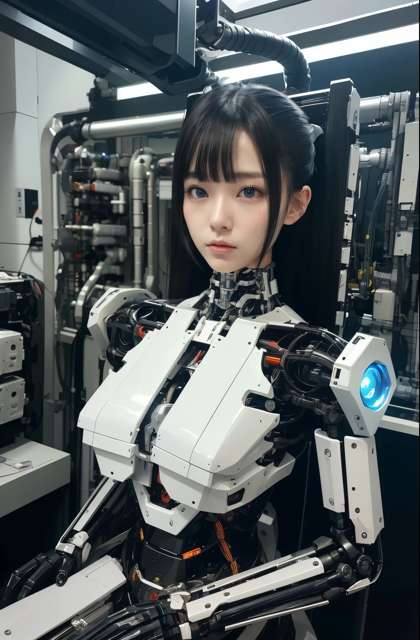 masterpiece, best quality, extremely detailed,8k portrait,Japaese android girl,Plump,control panels,android,Droid,Mechanical Hand, Robot arms and legs, Black Robot Parts,Black hair,Mechanical body,Blunt bangs,White robotics parts,perfect robot girl,long tube,thick cable connected her neck,ceramic body ,mechanical body,mechanical costume,android,robot,humanoid,cyborg,japanese android woman,mechanical chest,future laboratory,connecting a cable between the legs,(blue eyes:1.5)