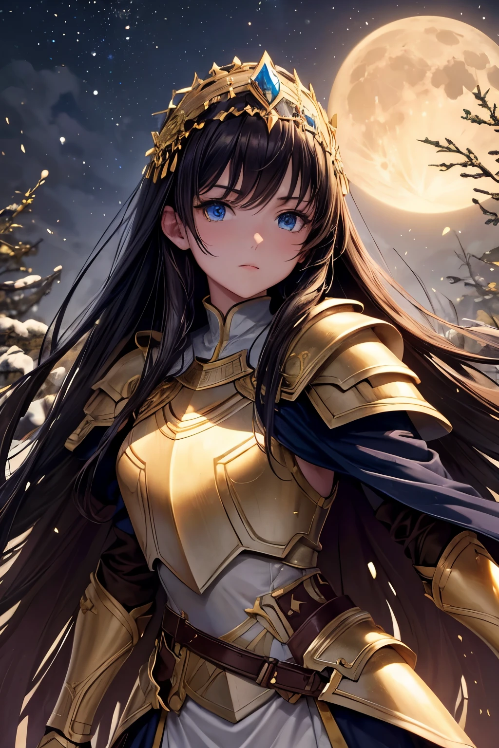 best quality, extremely beautiful, beautiful face, long straight brown hair, blue eyes, (white skin : 1.2), crossed arm, (full covering dark and gold armor : 1.2), dark cape, in a dark snowy forest at night, moon in background