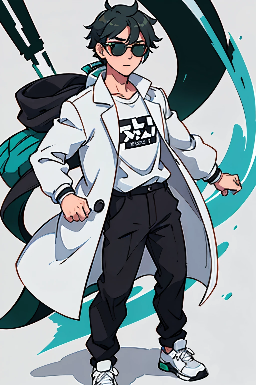 create an anime drawing of a male character with black pants, white sneakers and a white shirt , green coat and black and green hair and white-rimmed sunglasses , de costas olhando para cima