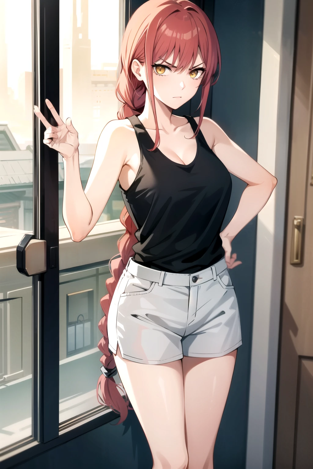 tall body, tall, long legs, mature female, mature, adult, EFT_Makima, 1girl, makima (chainsaw man), solo, ringed eyes, braid, looking at viewer, angry, (yellow eyes:1.2), red hair, braided ponytail, window, sidelocks, bangs, formal, shirt, tank top, black shirt, whole body