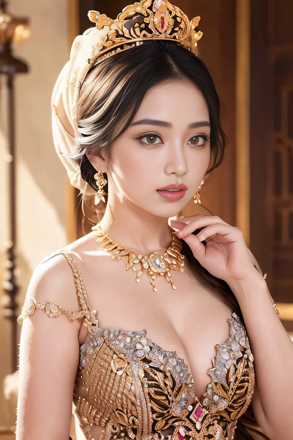 (best quality,4k,highres,masterpiece:1.2),ultra-detailed,realistic:1.37,beautiful and regal Javanese queen with hijab,dark and luxurious palace backdrop,beautiful detailed eyes and face,long eyelashes,voluptuous and curvy figure,exquisite jewelry and accessories,ornate and intricate patterned textiles,dazzling crown and royal attire,golden light illuminating the scene,vibrant and vivid color palette,soft and ethereal lighting,confident and alluring expression,graceful and elegant pose,serene and majestic atmosphere,rich cultural elements and symbols,meticulously captured body contours,subtle and tasteful sensuality,endless attention to every detail,romantic and dreamlike ambiance,artistic interpretation of beauty,stylish and sophisticated composition.