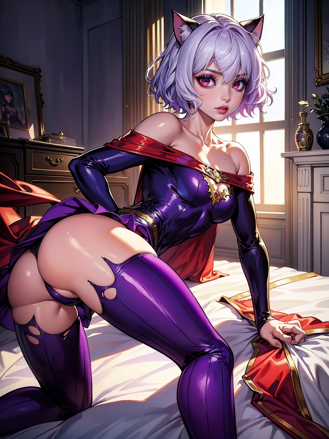 ((neferpitou, short white hair, short messy hair, cat ears,  red eyes)), 1 girl, she is wet, A shocked expression, , wet hair, standing, , wet clothes, from the front,（（masterpiece)，colorful，more detailed， beautiful eyes, perfect eyes, perfect face, (red eyes:1), muscular, ((white dress, ornate long dress, purple dress)), sexy violet dress)), spiderman suit with leggins，Raised sexy，look back at the camera，perfect bodies，in a room，，Off-the-shoulder attire, big ass (masterpiece, best quality:1.2), cowboy shot, solo, 1girl, small waist, sexy, masterpiece, well drawn face one-girl，spiderman suit with leggins，Raised sexy，look back at the camera，in a room，Off-the-shoulder attire。full bodysuit from spiderman, laying in bed,(1.femele、Solo)、Skin texture must be natural、detailed：Uniform color tone、use natural light and colors、(bright background)、(natural pose)、(calm expression)、(soft lighting)、、(Exquisite makeup)、(elegant posture)、(smooth skin)、 (well-detailed hands) 、(Bright colors)、(fine details)、(very detailedな服)、(sharp focus, (torn costume, torn uniform))、Get on all fours、Hand in hand、Stick out your butt in pantyhose、、With a seductive look、Show me your tilted ass、Suite Room、dimly lit bedroom、indirect lighting、Rear view、,beautiful light up，Perfect lightning,realistic shaded，[A high resolution],(Smooth and flawless fair skin:1.5),Facial details are extremely delicate,ultra - detailed,one-girl,Alone,small heads,petty face,Clear face,Delicatemakeup,(laughingly:1.2),horny face,drooling,tongue out