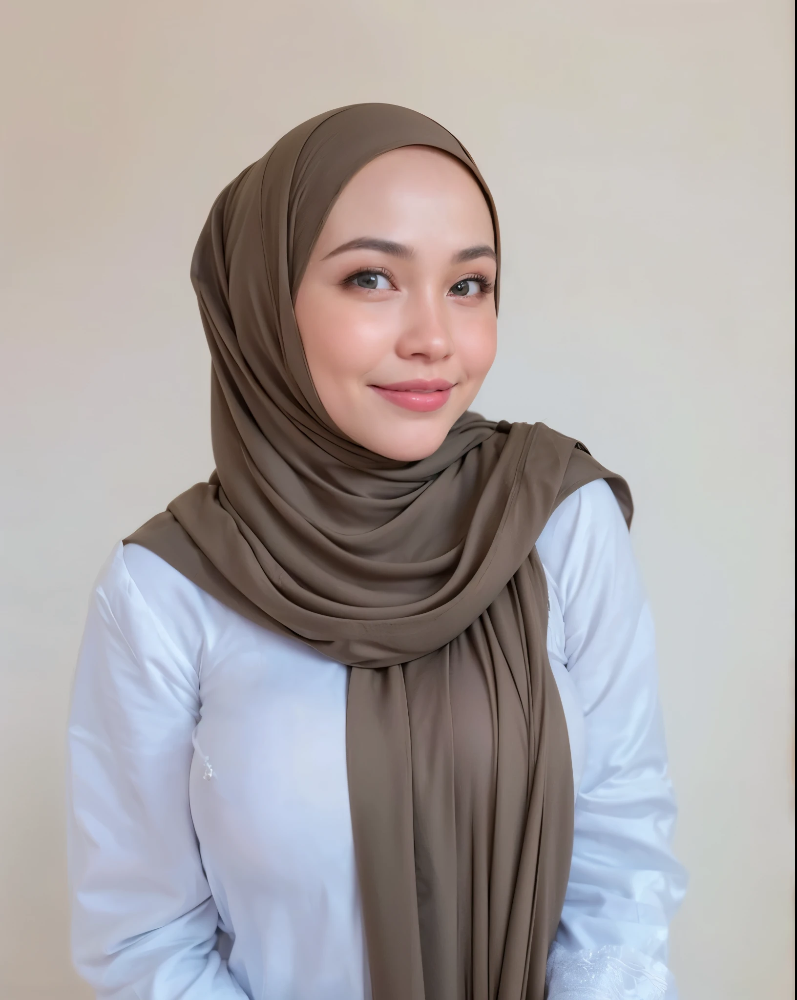 masterpiece, (ultra-high-definition portrait, vignet:1.4), Realistic, extremely detailed, CG unified, 8k, Clean lines, highly detailed, High-definition, raw color photos, she is smiling, Realistic portrait, Cinematic Light, Beautiful detailed, (1hijabgirl, indonesian:1.5), (165cm tall, big breasts with lips like she wants to kiss:1.5), Beautiful big breasts, breasts details, very tight, (Biggorgeous breast, Smiling:1.5), (Smiling, Big Breast:1.4), Close up of a girl in Beautiful clothes with errected nipple, biggorgeous breast, Soft smile, scarf, (Bombastic Side Eyes with curvaceous body:2), pose 4 of 1 6, Undress, No bra, (nipples that are clearly sticking out detail:1.2), Outdoors, high intricate detailed.
