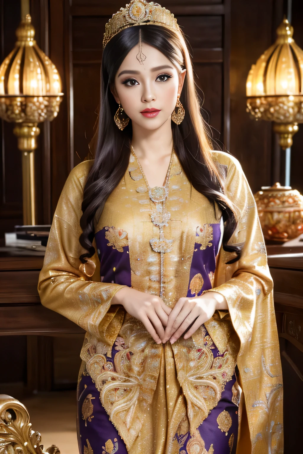 (best quality,4k,highres,masterpiece:1.2),ultra-detailed,realistic:1.37,beautiful and regal Javanese queen with hijab,dark and luxurious palace backdrop,beautiful detailed eyes and face,long eyelashes,voluptuous and curvy figure,exquisite jewelry and accessories,ornate and intricate patterned textiles,dazzling crown and royal attire,golden light illuminating the scene,vibrant and vivid color palette,soft and ethereal lighting,confident and alluring expression,graceful and elegant pose,serene and majestic atmosphere,rich cultural elements and symbols,meticulously captured body contours,subtle and tasteful sensuality,endless attention to every detail,romantic and dreamlike ambiance,artistic interpretation of beauty,stylish and sophisticated composition.