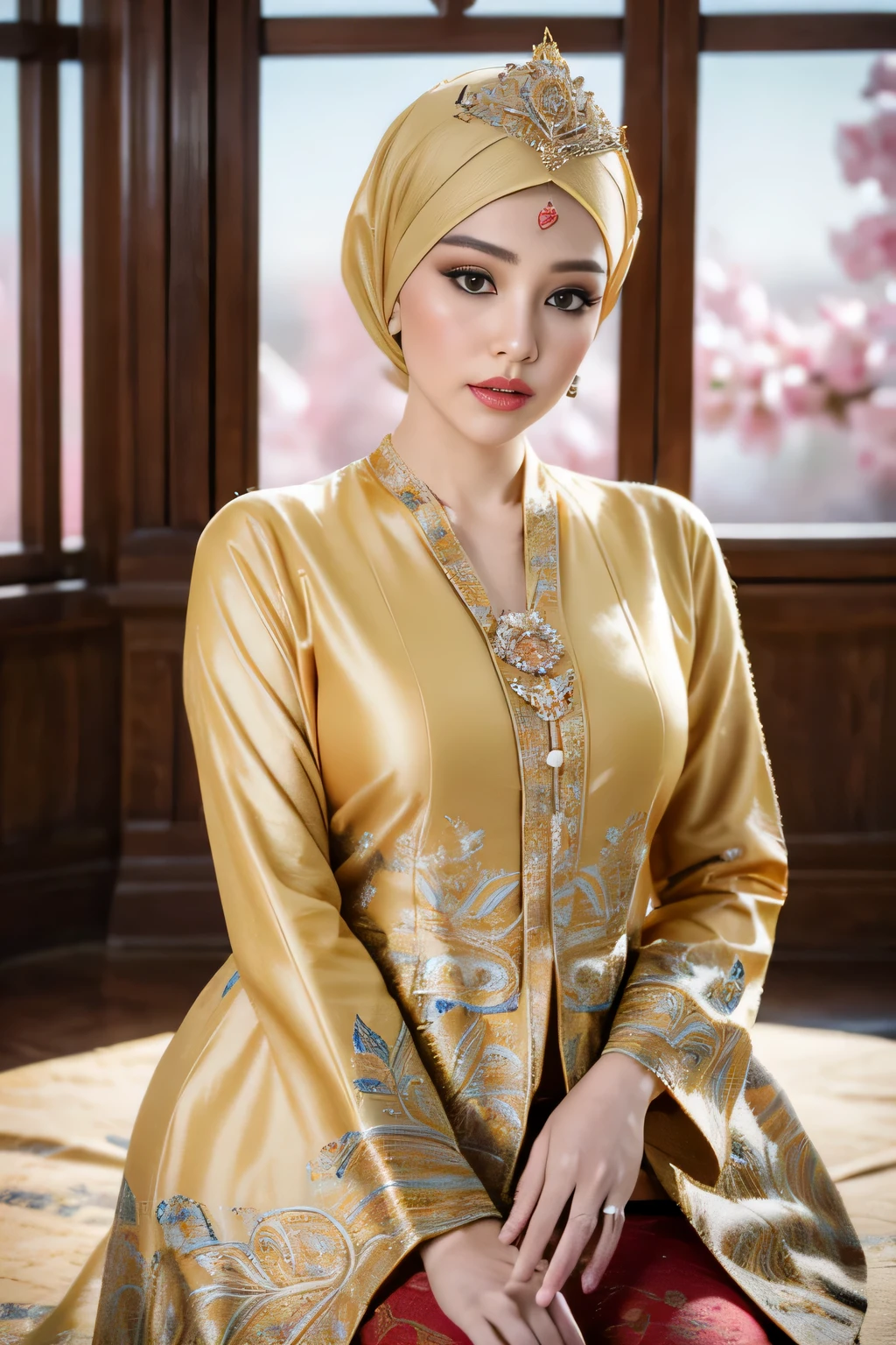 (best quality,4k,highres,masterpiece:1.2),ultra-detailed,realistic:1.37,beautiful and regal Javanese queen with hijab,dark and luxurious palace backdrop,beautiful detailed eyes and face,long eyelashes,voluptuous and curvy figure,exquisite jewelry and accessories,ornate and intricate patterned textiles,dazzling crown and royal attire,golden light illuminating the scene,vibrant and vivid color palette,soft and ethereal lighting,confident and alluring expression,graceful and elegant pose,serene and majestic atmosphere,rich cultural elements and symbols,meticulously captured body contours,subtle and tasteful sensuality,endless attention to every detail,romantic and dreamlike ambiance,artistic interpretation of beauty,stylish and sophisticated composition.