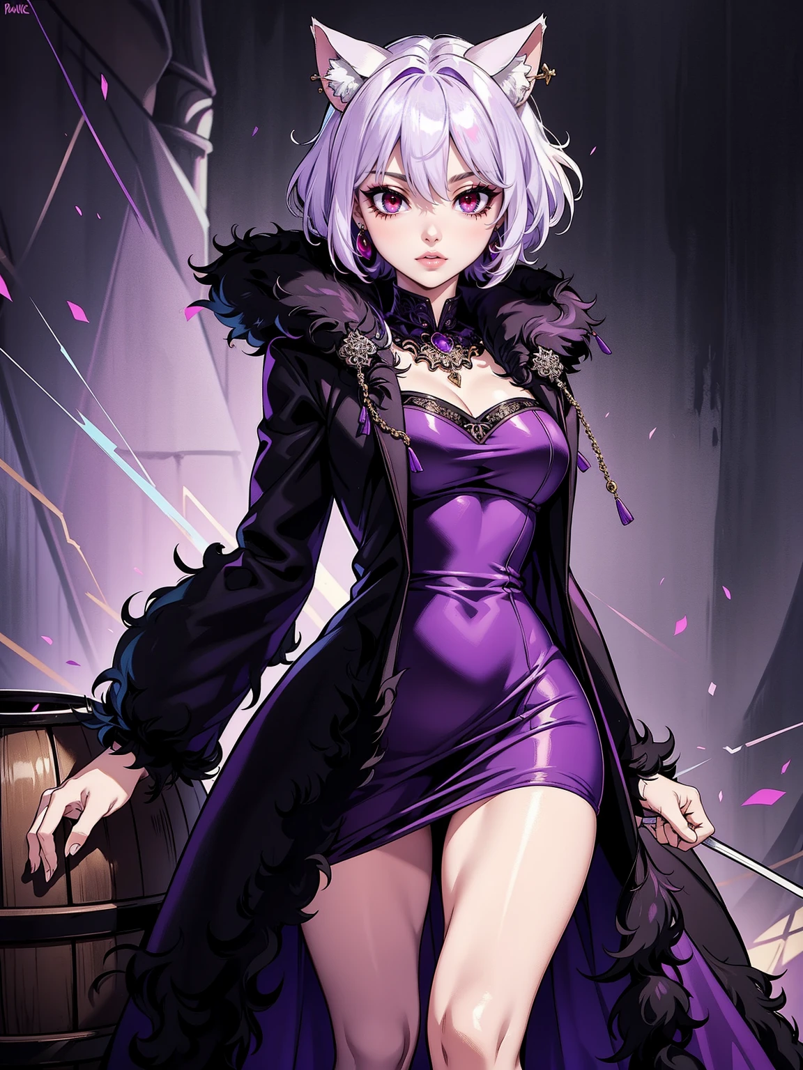 ((neferpitou, short white hair, short messy hair, cat ears, red eyes)), 1girl, ((white dress, ornate long dress, purple dress)), sexy violet dress)), (((black fur coat:1.4), (ornate dress, purple dress))), gold bracelet, winery,wine barrels backgroudn, standing on a barrel, sexy pose)), gloves, black gloves, bracelets, amethyst necklace, hoop earrings))