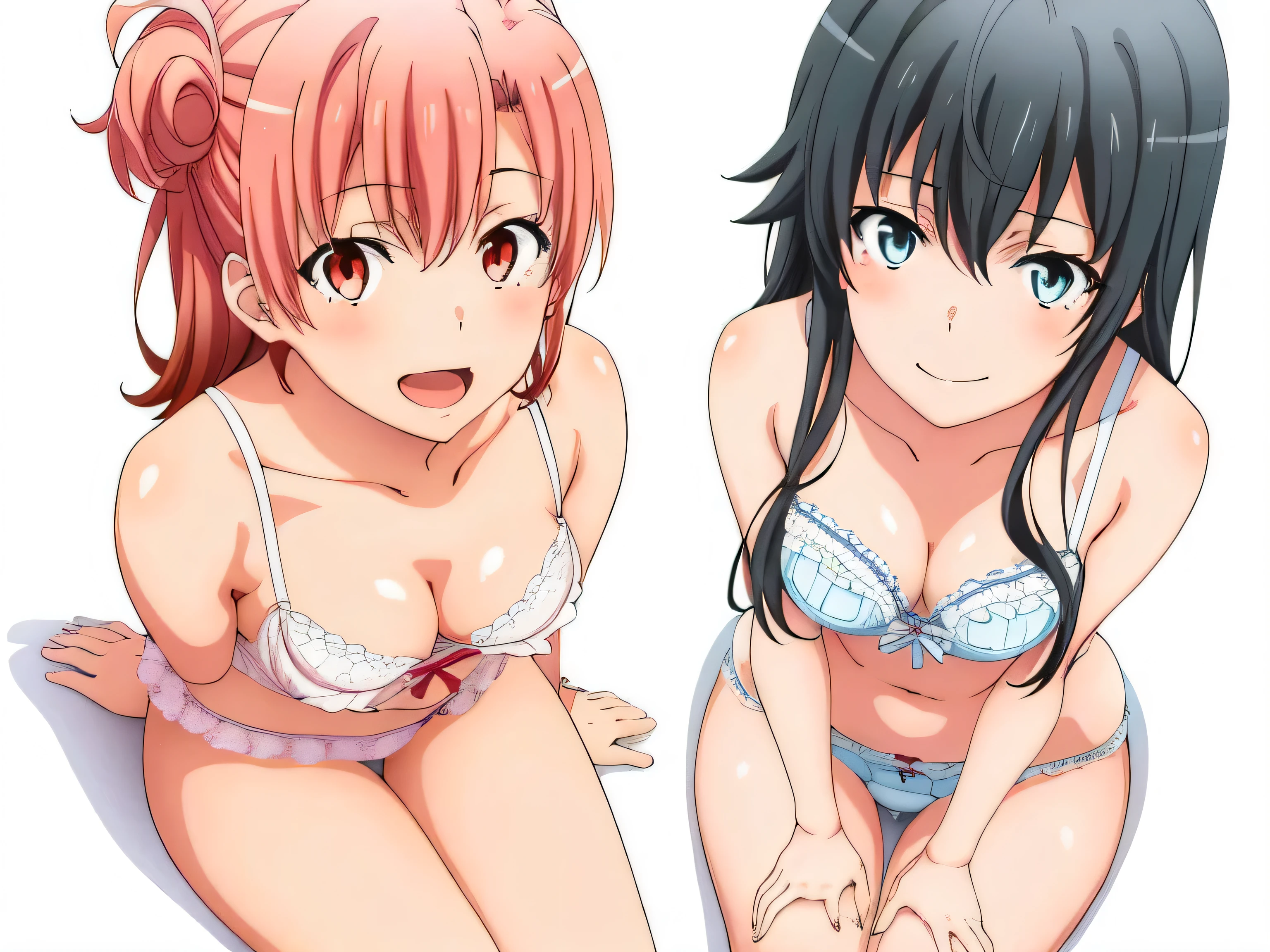 2 girls , Yukinoshita Yukino , yuigahama yui'bust and thighs are great,In underwear,sit facing forward,belly button,light pink panties,white panties,thighs,knees,(high angle),(beautiful eyes),open mouth smile,Insert your head