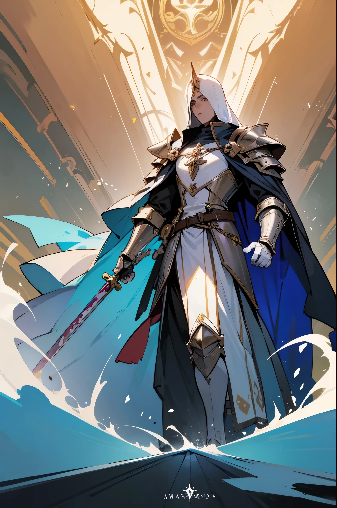 Anime character with sword and armor walking through a tunnel, full portrait of magical knight, olhos perfeitos e detalhados, Rosto perfeito, um paladino masculino humano, picture of a male cleric, Paladino masculino, vestido com armadura leve, dressed like a cleric, cleric, armadura branca, pale blue armor, hero character art, Paladino Santo, Paladino fantasia, arte oficial do personagem, official character illustration