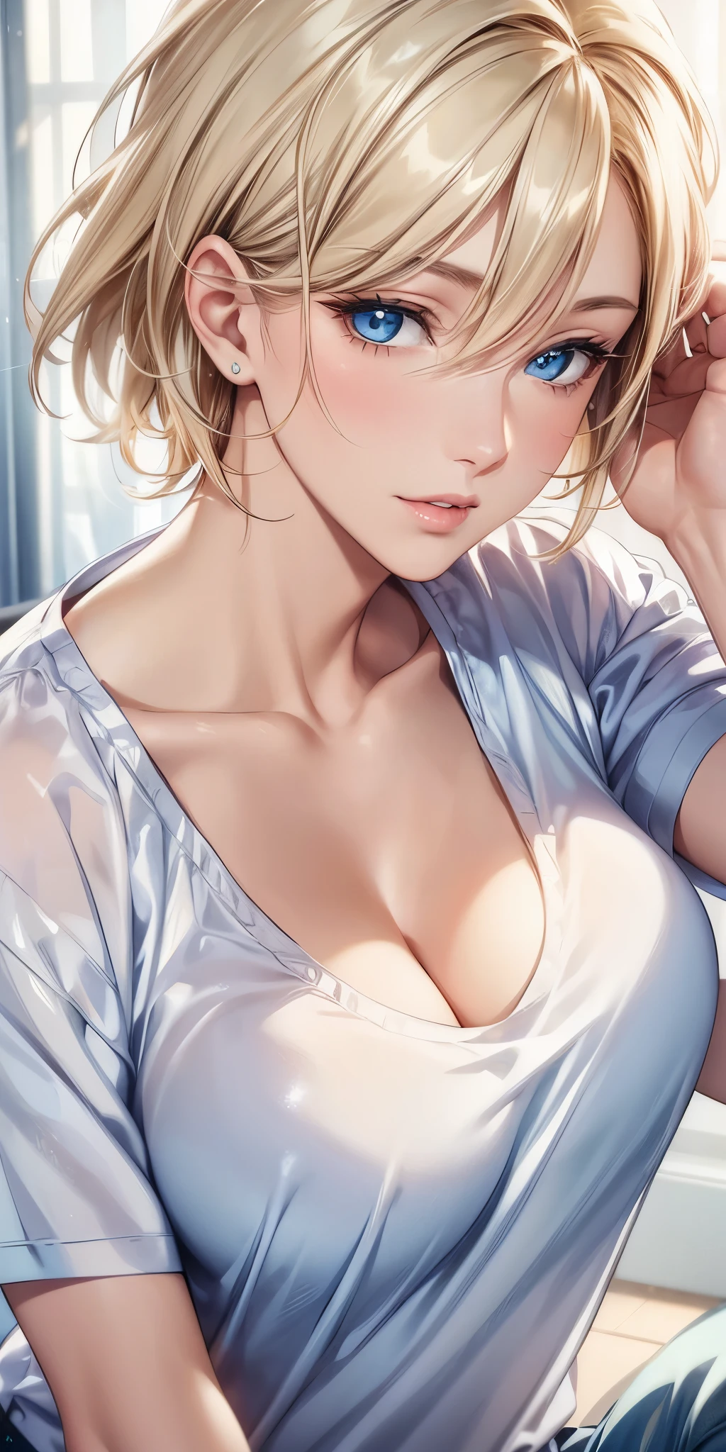 portrait, realistic, elegant mature woman, blue eyes, brown blonde hair, swept-side bang, 4k resolution, high quality cg, beautiful cg, soft light
