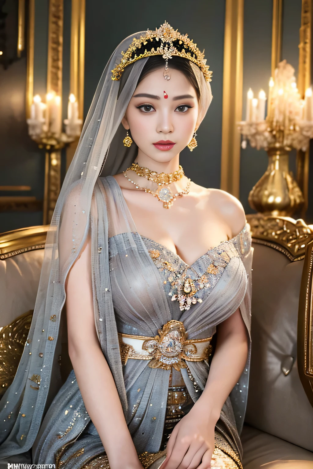 (best quality,4k,highres,masterpiece:1.2),ultra-detailed,realistic:1.37,beautiful and regal Javanese queen with hijab,dark and luxurious palace backdrop,beautiful detailed eyes and face,long eyelashes,voluptuous and curvy figure,exquisite jewelry and accessories,ornate and intricate patterned textiles,dazzling crown and royal attire,golden light illuminating the scene,vibrant and vivid color palette,soft and ethereal lighting,confident and alluring expression,graceful and elegant pose,serene and majestic atmosphere,rich cultural elements and symbols,meticulously captured body contours,subtle and tasteful sensuality,endless attention to every detail,romantic and dreamlike ambiance,artistic interpretation of beauty,stylish and sophisticated composition.