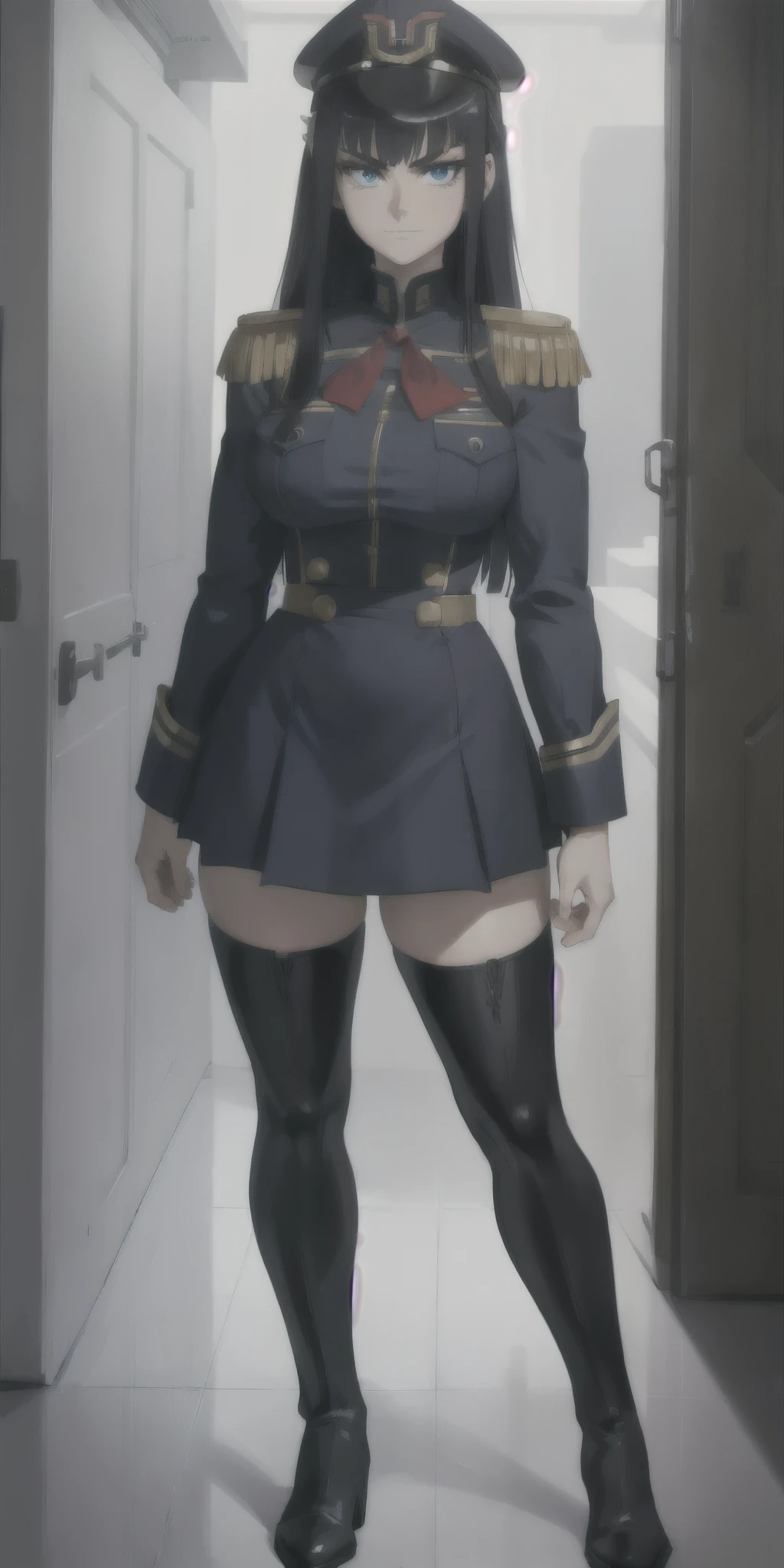 masterpiece, high quality, best quality, 1girl, (muscular female:1.0), (super gigantic breasts:1.0), (closed mouth, half smile), kiryuin satsuki, blue eyes, epaulettes, hairclip, black militar uniform, skirt, militar hat, black thigh boots, anime screencap, (fully clothed:1.0), full body