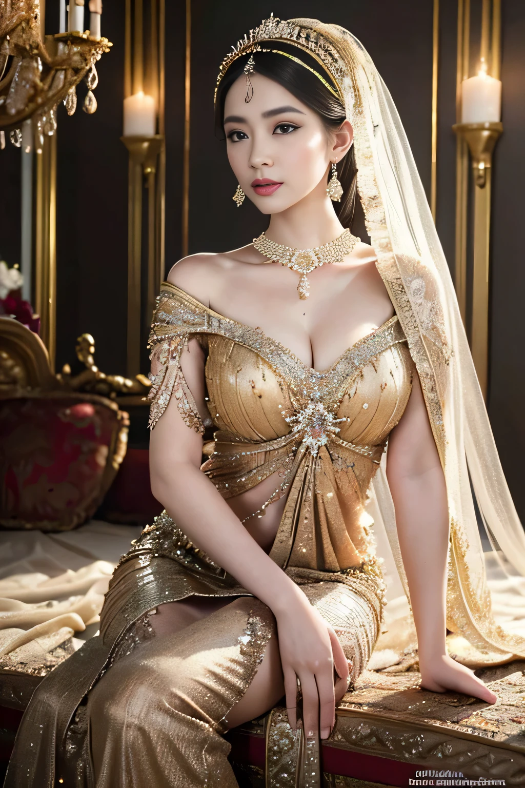 (best quality,4k,highres,masterpiece:1.2),ultra-detailed,realistic:1.37,beautiful and regal Javanese queen with hijab,dark and luxurious palace backdrop,beautiful detailed eyes and face,long eyelashes,voluptuous and curvy figure,exquisite jewelry and accessories,ornate and intricate patterned textiles,dazzling crown and royal attire,golden light illuminating the scene,vibrant and vivid color palette,soft and ethereal lighting,confident and alluring expression,graceful and elegant pose,serene and majestic atmosphere,rich cultural elements and symbols,meticulously captured body contours,subtle and tasteful sensuality,endless attention to every detail,romantic and dreamlike ambiance,artistic interpretation of beauty,stylish and sophisticated composition.