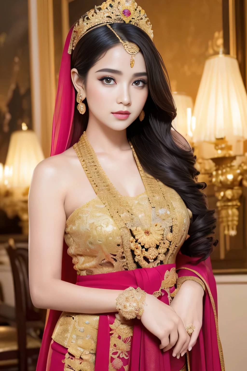 (best quality,4k,highres,masterpiece:1.2),ultra-detailed,realistic:1.37,beautiful and regal Javanese queen with hijab,dark and luxurious palace backdrop,beautiful detailed eyes and face,long eyelashes,voluptuous and curvy figure,exquisite jewelry and accessories,ornate and intricate patterned textiles,dazzling crown and royal attire,golden light illuminating the scene,vibrant and vivid color palette,soft and ethereal lighting,confident and alluring expression,graceful and elegant pose,serene and majestic atmosphere,rich cultural elements and symbols,meticulously captured body contours,subtle and tasteful sensuality,endless attention to every detail,romantic and dreamlike ambiance,artistic interpretation of beauty,stylish and sophisticated composition.