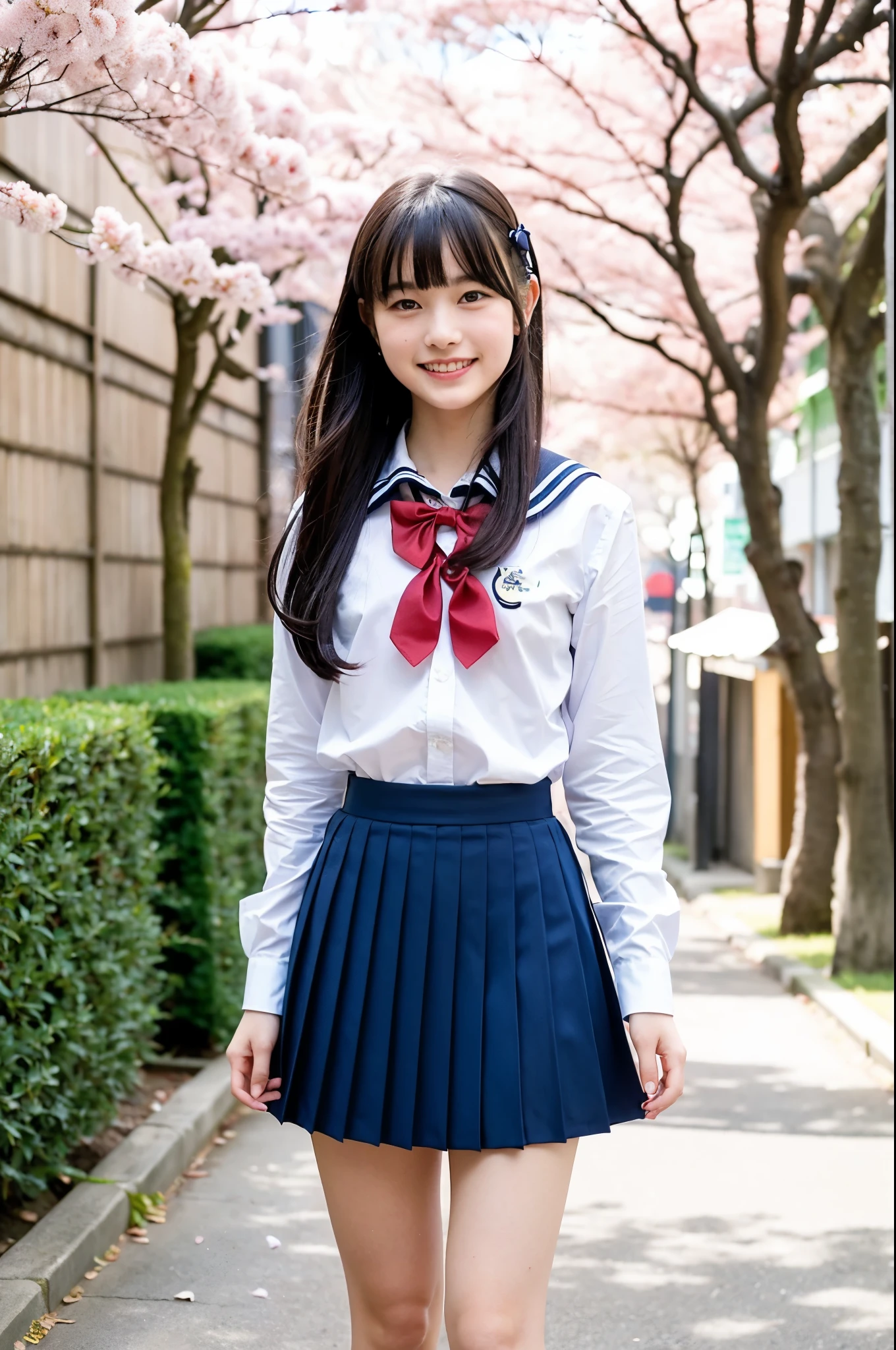 girls walking in old-Japanese street under cherry blossoms,long-sleeved navy blue school sailor shirt with red bow tie,navy blue pleated skirt,school bag,18-year-old,bangs,a little smile,thighs,knees,straight hair with barrette with white bow,from below,front light