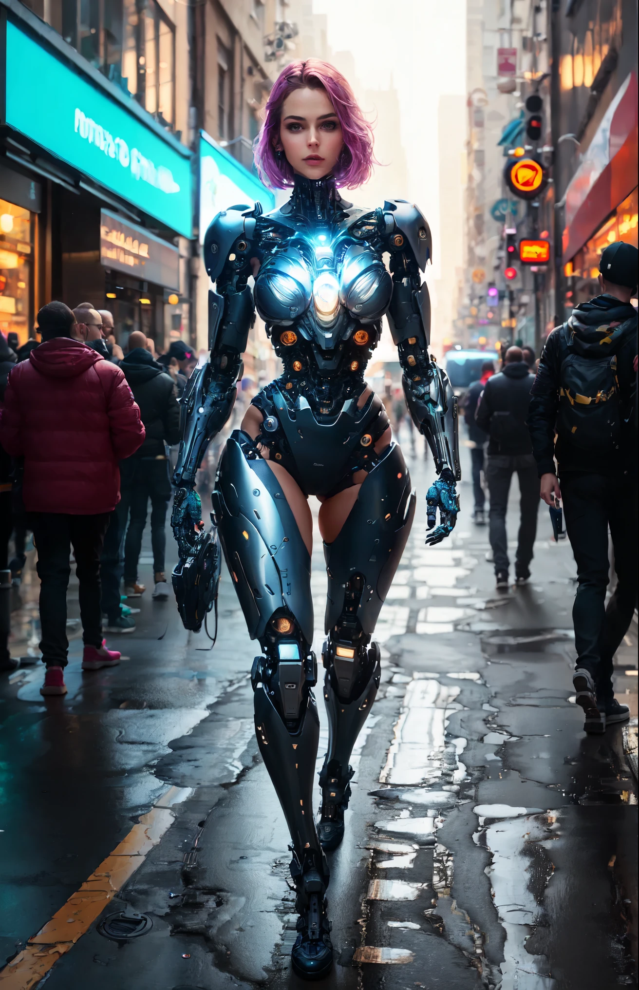 Female cyborg walking down the street in a crowd of people in the big city, defile show, high quality, best quality, absurdres, masterpiece, beautiful, intricate details, 1/2 body crop, slim body, beautiful figure, magnificent anatomy, (intricate details:1.12), HDR, (intricate details, hyper-detailing:1.15), (natural skin textures, hyper realisitc, soft light, Sharp:1.2)