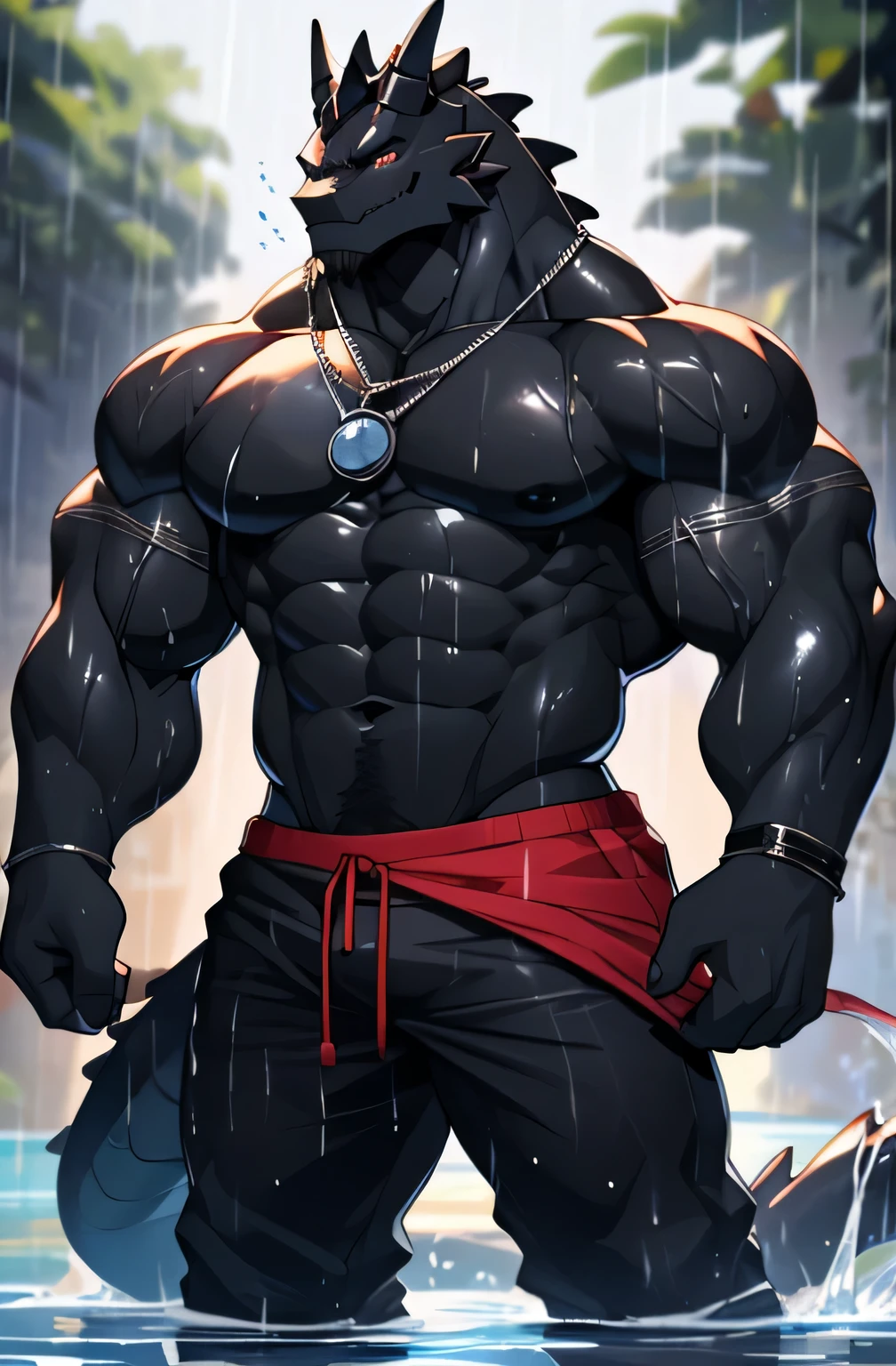 the black dragon ,(con un cuerpo musculoso mojado de sudor) ,( water droplet particles coming out of his muscular body), mirando desde el frente,(The background should be without much lighting..) ,( background that it is raining very hard that his black dragon body is getting wet in drops of water much more ),(Do not use any type of accessories on your body..),pero su cara q se vea frustrado,sus ojos de color rojo, (Solo usa pantalones negro con rojo),(Que su pecho y su six pack se este mojando muchas gotas de agua q se vea mucho mas).