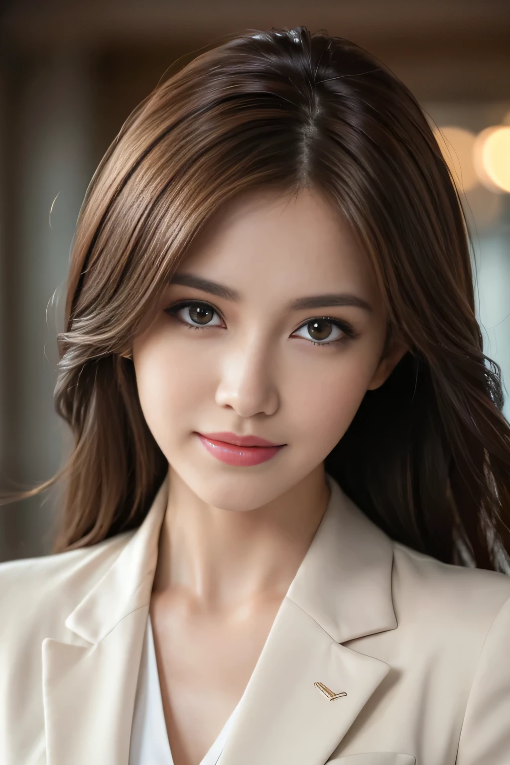 table top, highest quality, realistic, Super detailed, finely, High resolution, 8k wallpaper, 1 beautiful woman,, light brown messy hair, wearing a business suit, sharp focus, perfect dynamic composition, beautiful and detailed eyes, thin hair, Detailed realistic skin texture, smile, close-up portrait, model body shape