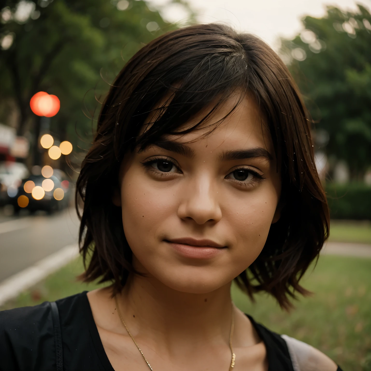 Chica gordita con cabello rizado y corte de cabello pixie 