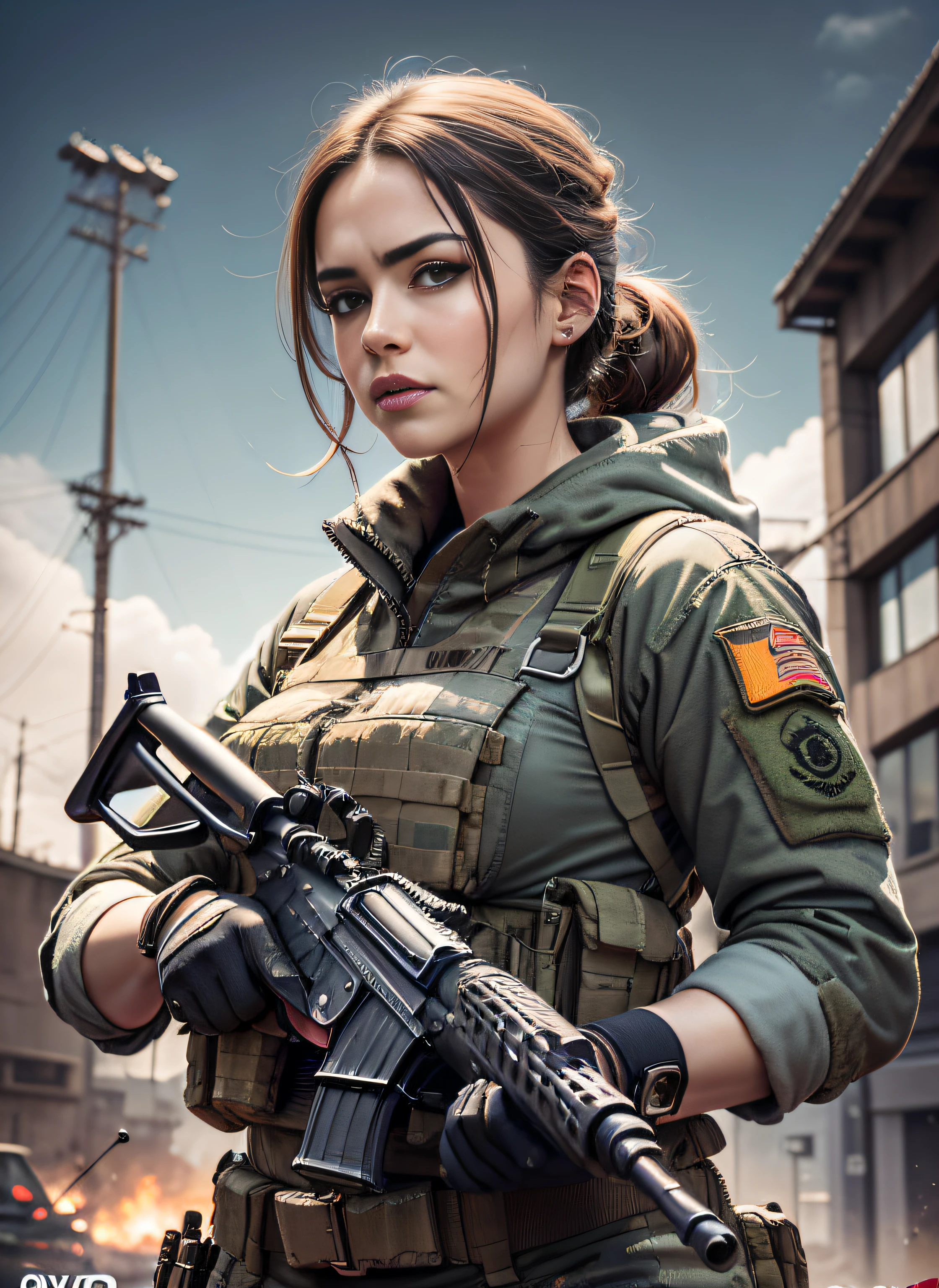 Commando movie poster, beautiful female soldier,cabellos largos dorados, Female special operators,With a large gun in his hand, rivet, blasts, The Car, Planes, just one body,ultraclear,8K,Extreme detail,No words