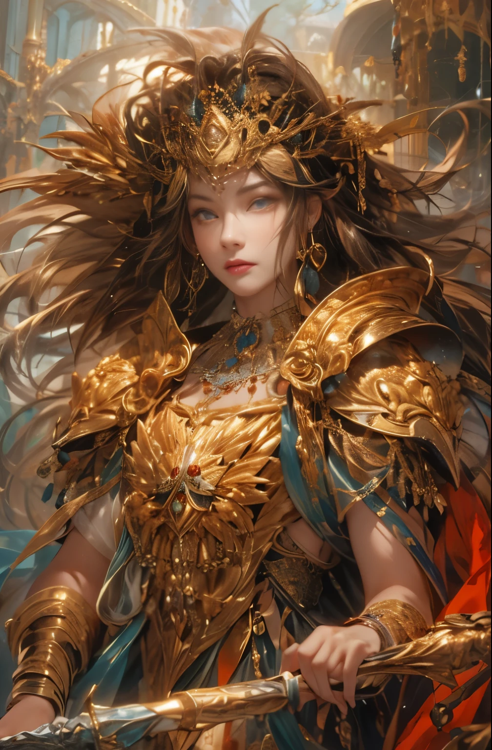 lion motif, Gold and red tones、fantasy、Ancient mythology、ancient mesopotamia、hour of dusk、Mysterious、solemnity、majestic、highest quality, masterpiece、Ishtar, goddess of war、majestic hall々, battlefield commander、Guardian of Babylon、increase fighting spirit、Guardian of the Lion, queen of babylon, invincible general、Majestic Hall々、Brave、glory of babylon、honor of babylon、Treasure of Babylon, follow the lion, veteran hero、The unparalleled beauty of elongated eyes、refinement、Noble、i am proud、Wearing Noble jewelry、Equip your weapons、looks like fancy golden armor、cloak fluttering in the wind、Tall and lean、fiery red long hair、perfect angle、perfect composition、Low - Angle、Full body Esbian, Works that influenced Chen Yifei, Works that influenced Francesco Hayes, Inspired by Hendrik Terbruggen, Jean=Works that influenced Auguste Dominique Ingres, Works that influenced Liu Jun, Jean=Works that influenced Auguste Dominique Ingres, highest quality, perfect angle, perfect composition, best shot, official art, cinematic light, figurative art, Beautiful and expressive paintings, Beautiful artwork illustration, wonderful, cool beauty, clear, Mysterious, highest quality, official art, Very delicate and detailed painting style, Beautiful painting art, perfect light, perfect composition, perfect angle, The perfect subject, best shot, women only, sharp outline, pretty much beautiful face, very beautiful and delicate eyes, delicate and beautiful eyes, Close-up