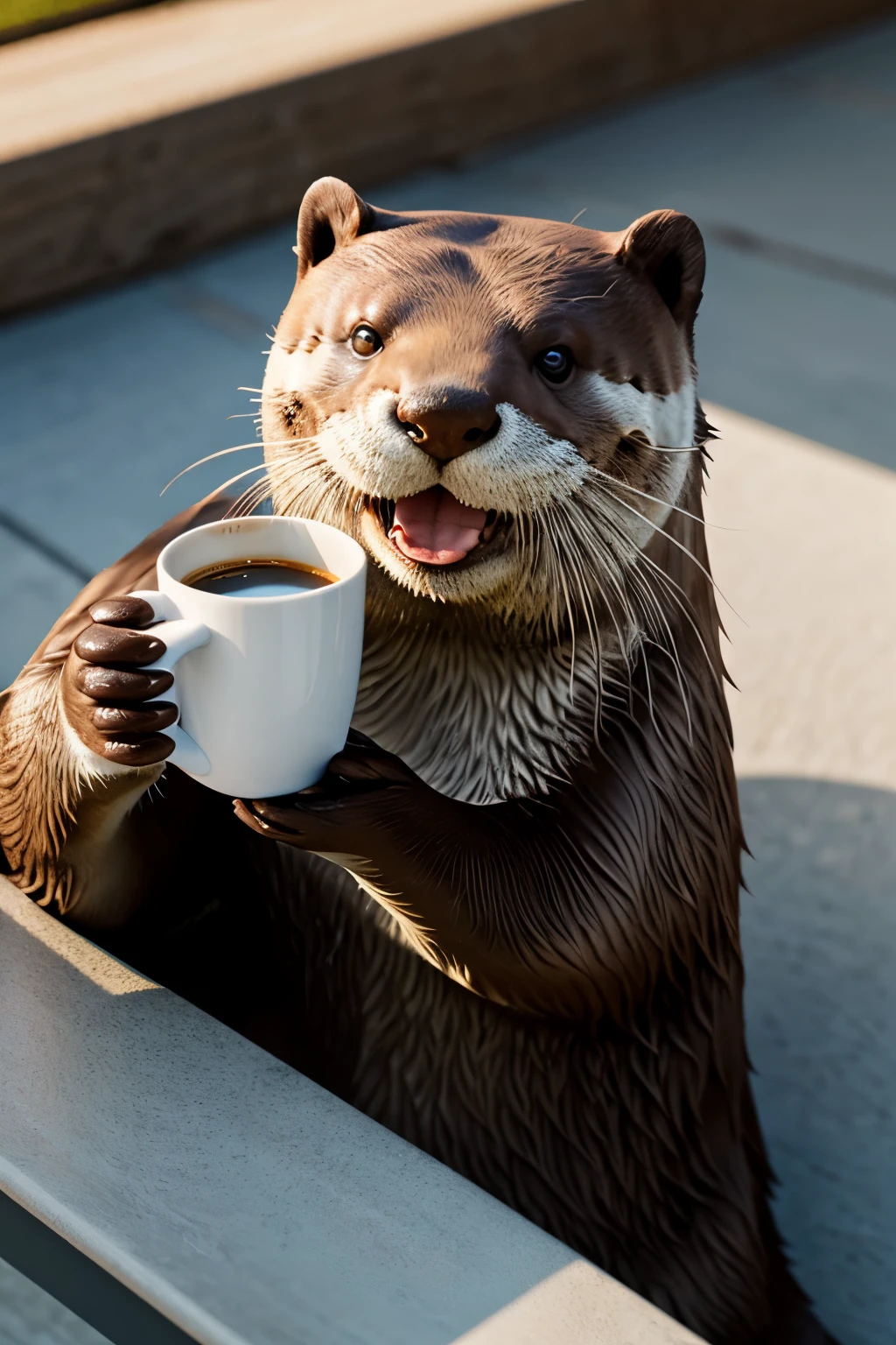 an otter holding a cup of coffee