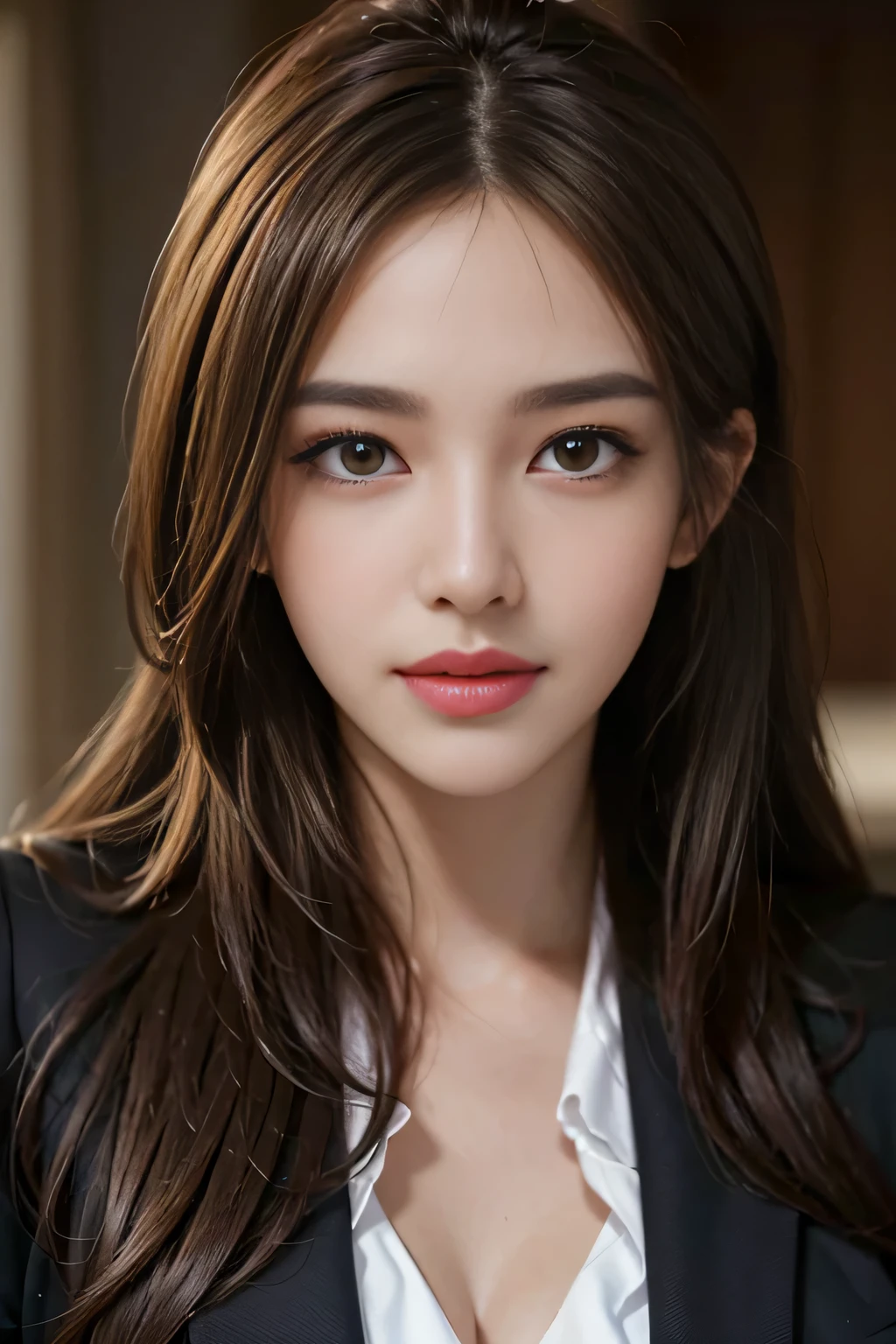 table top, highest quality, realistic, Super detailed, finely, High resolution, 8k wallpaper, 1 beautiful woman,, light brown messy hair, wearing a business suit, sharp focus, perfect dynamic composition, beautiful and detailed eyes, thin hair, Detailed realistic skin texture, smile, close-up portrait, model body shape
