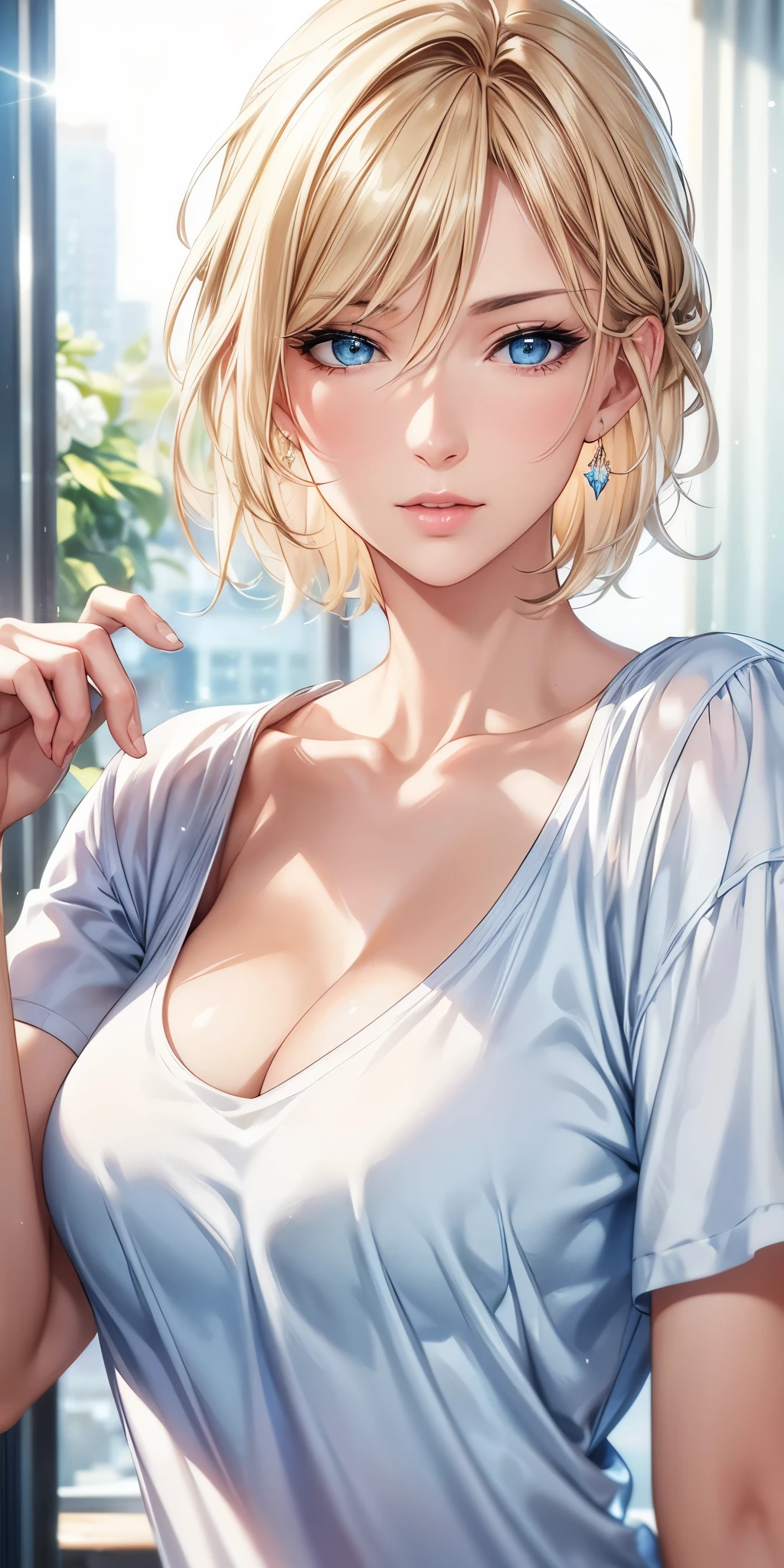 portrait, realistic, elegant mature woman, blue eyes, brown blonde hair, swept-side bang, 4k resolution, high quality cg, beautiful cg, soft light