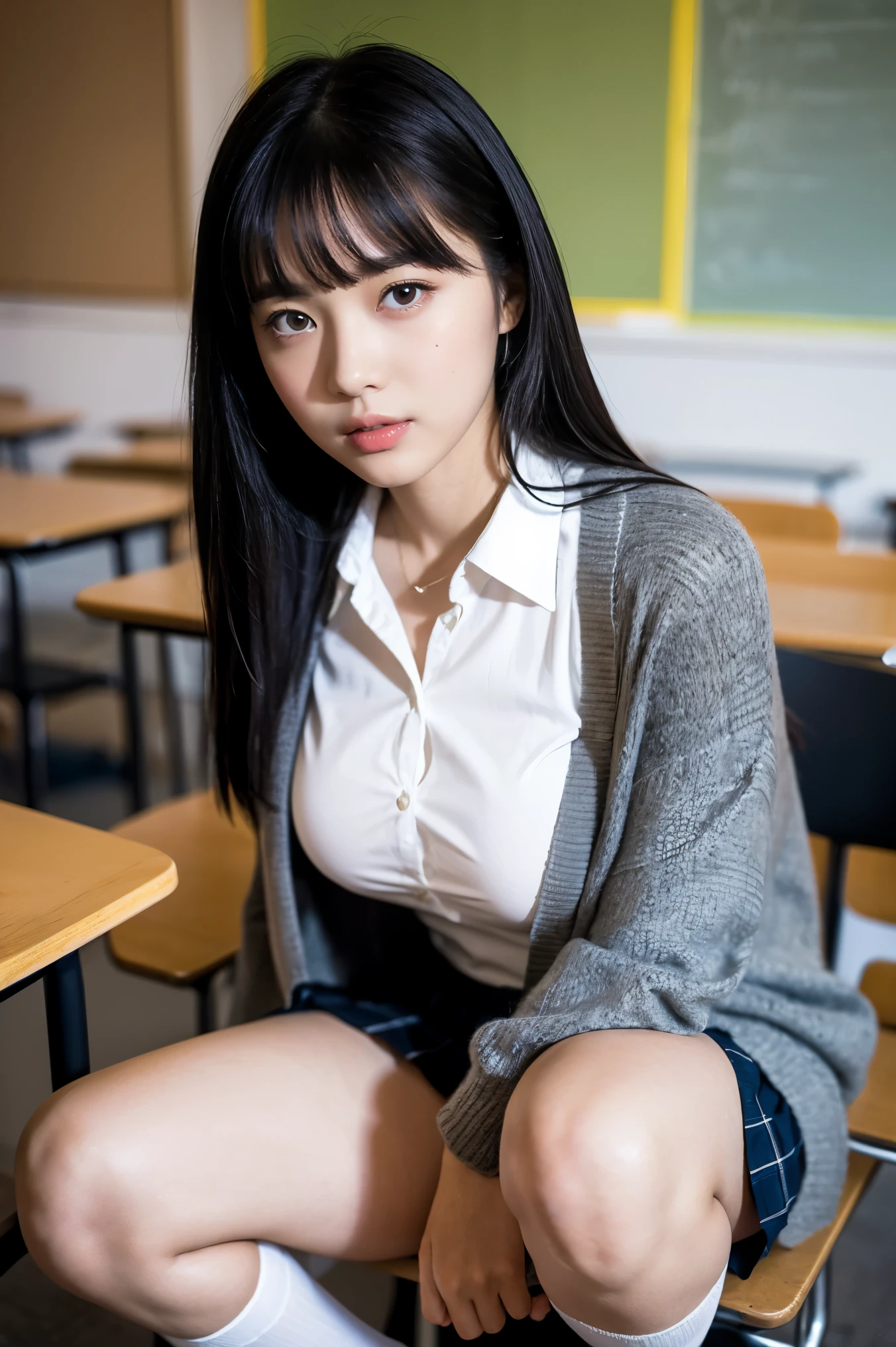 8k、high resolution、masterpiece、realistic、In detail、Fine texture、portrait from head to toe、high contrast、alone、high school girl、natural body shape、white skin、natural makeup、black hair、bangs、straight long hair、、(high 、long sleeve cardigan、white blouse、plaid pleated skirt、mini skirt)、、((big breasts))、((The upper body is wearing a uniform))、school classroom、looking at camera、thighs、white socks、black loafers、((open both knees、sitting at a desk with legs apart))、(She holds down her skirt with her hands to hide her panties.、pure white panties)、full body photo
