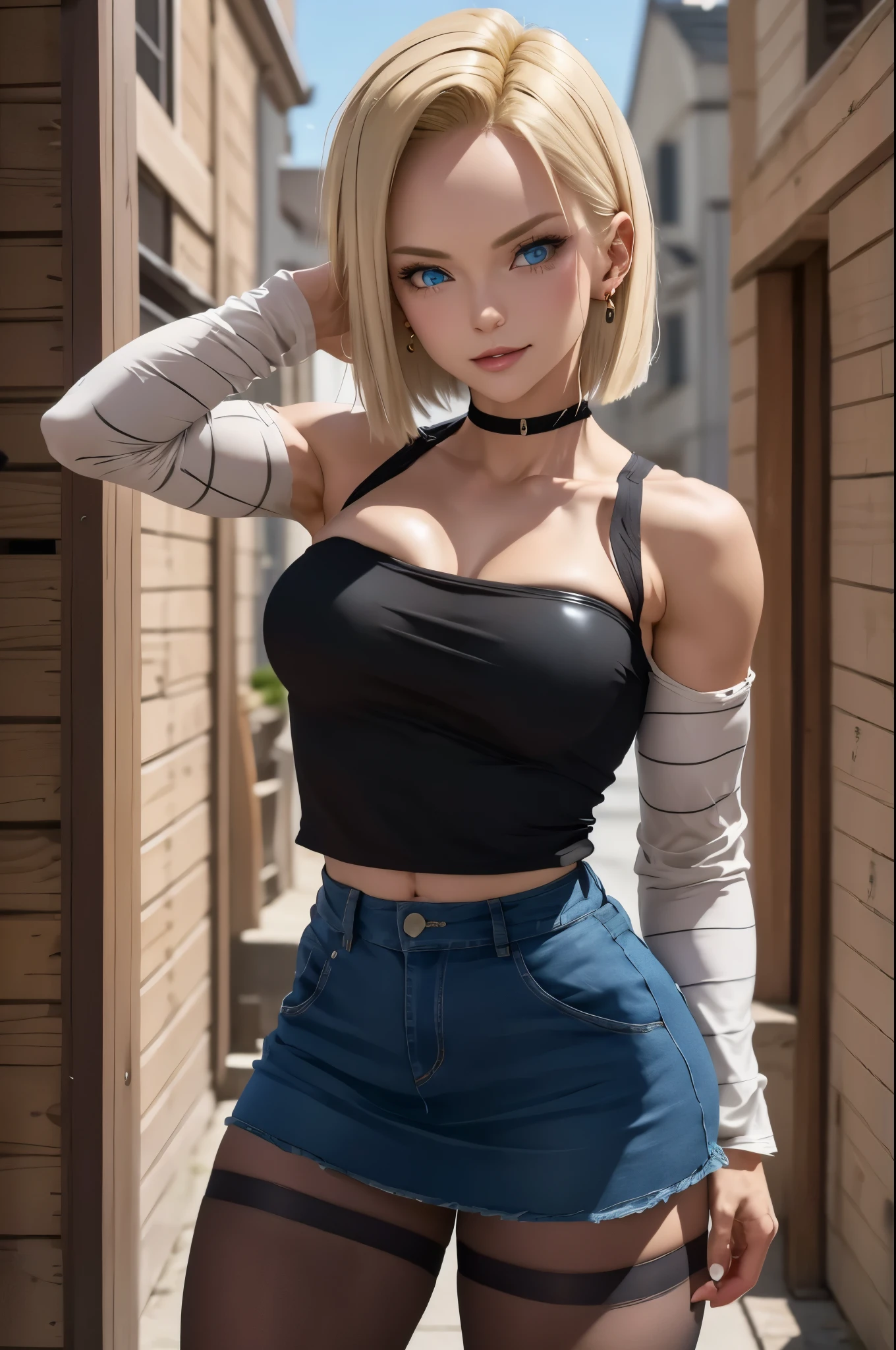 best quality, highres, and18, 1girl, android 18, solo, blonde hair, blue eyes, short hair, earrings, jewelry, denim vest, open vest, black pantyhose, black shirt, denim skirt, striped long sleeves, blue skirt, medium breasts, cowboy shot, street, off-the-shoulder, Strapless, 29 years old. piernas fuertes. pechos grandes, 