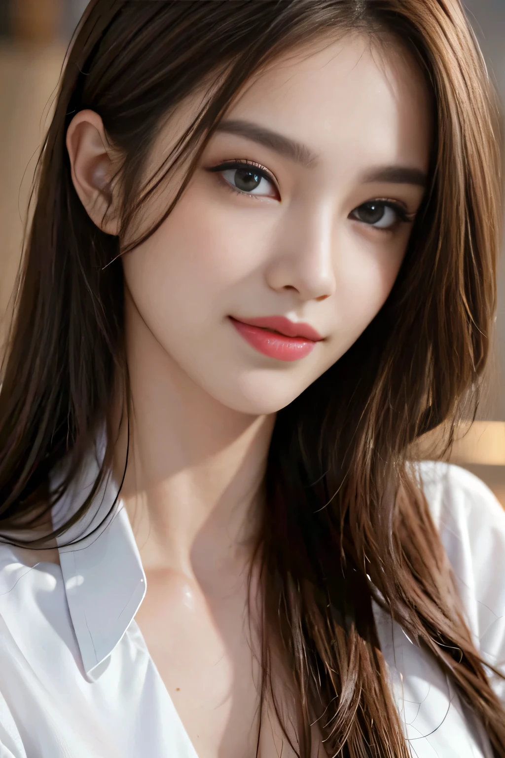 table top, highest quality, realistic, Super detailed, finely, High resolution, 8k wallpaper, 1 beautiful woman,, light brown messy hair, wearing a business suit, sharp focus, perfect dynamic composition, beautiful and detailed eyes, thin hair, Detailed realistic skin texture, smile, close-up portrait, model body shape