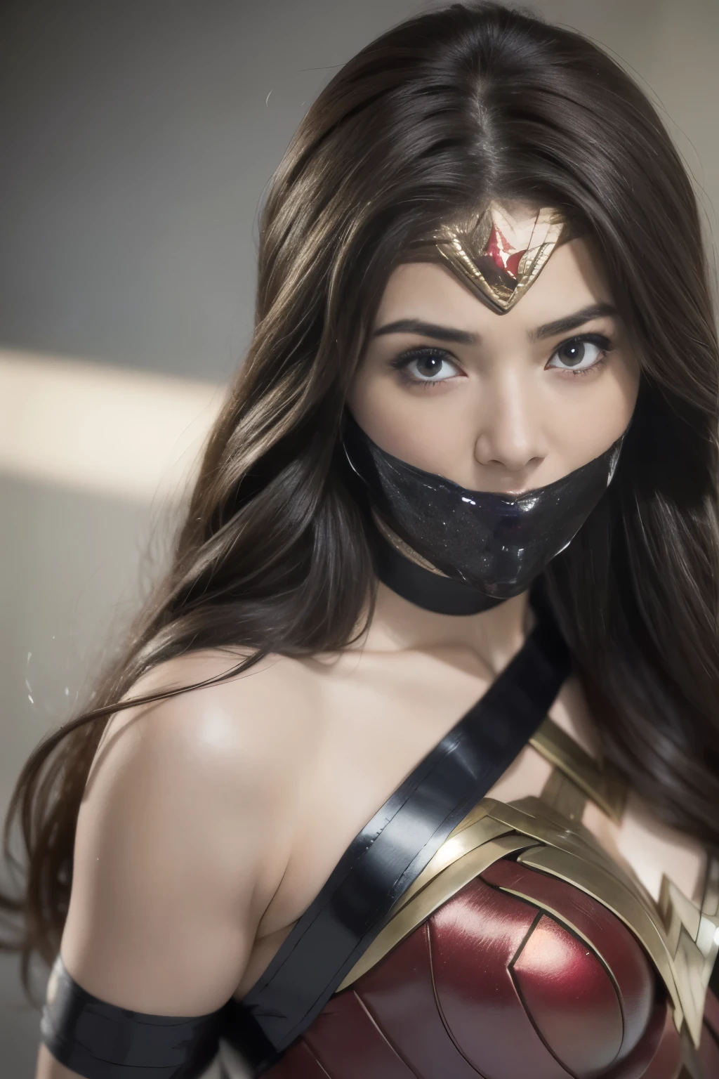perfect wonder woman costume,sleeping face,close ~ eye,face of suffering,sky face,sleeping face, being Embraced by a man,Embraced by a man,Embraced by a man,Captured by a man,Detained by a man、licked my hair,lick my face,brown hair, tape gag, gagged, duct tape, tape bondage, turn your arms behind your back, tied arms,masterpiece、beautiful girl、fine eye、puffy eye、highest quality, 超High resolution, (reality: 1.4), movie lighting、Japanese、asian beauty、Korean、super beautiful、beautiful skin、(超reality的な)、(High resolution)、(8K)、(very detailed)、(beautiful and fine eye)、(Super detailed)、 (wall-)、detailed face、bright lighting、professional lighting、slanted bungeshi hair、brown hair、20-year-old、wonder woman cosplay,wonder woman tiara