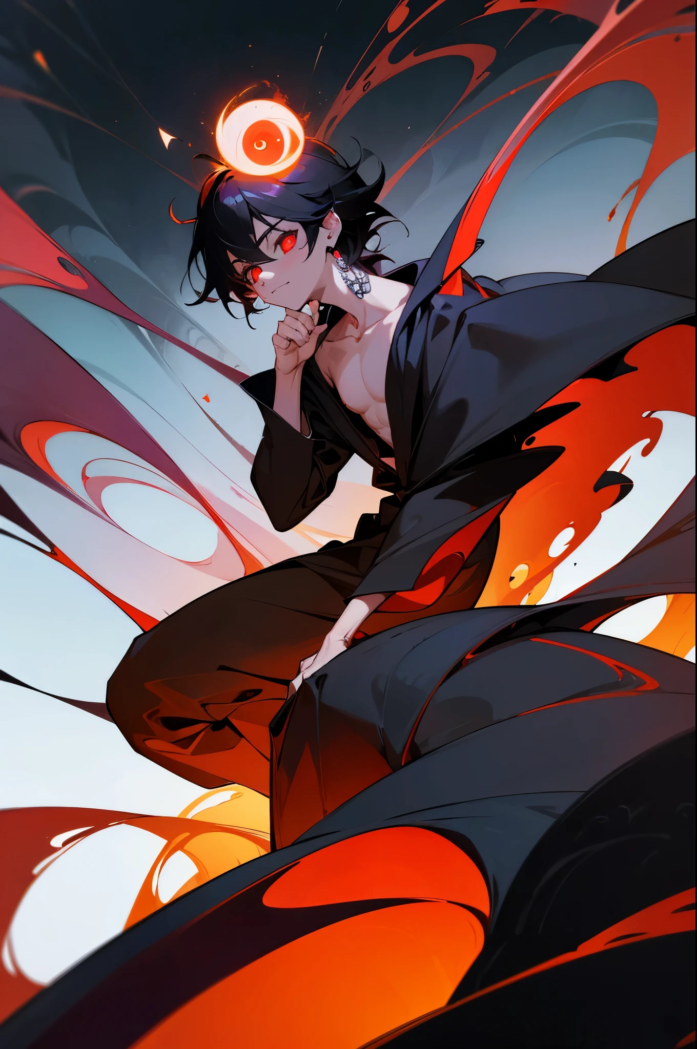 (absurdres, highres, ultra detailed, HDR), masterpiece, best quality, a little boy sitting on demon with a giant eye, in arrogant look, solo, little boy, demon eyeball, giant eyeball, disgusting, black demon wing, demon horn, handsome, red eye, glowing eye, black robe, earring and accessory, bare chest, arrogant face, full body, magic vortex, spark, swirl, black aura, a black cloudy sky, abyss, abstract background, from side, look up, evil smile
