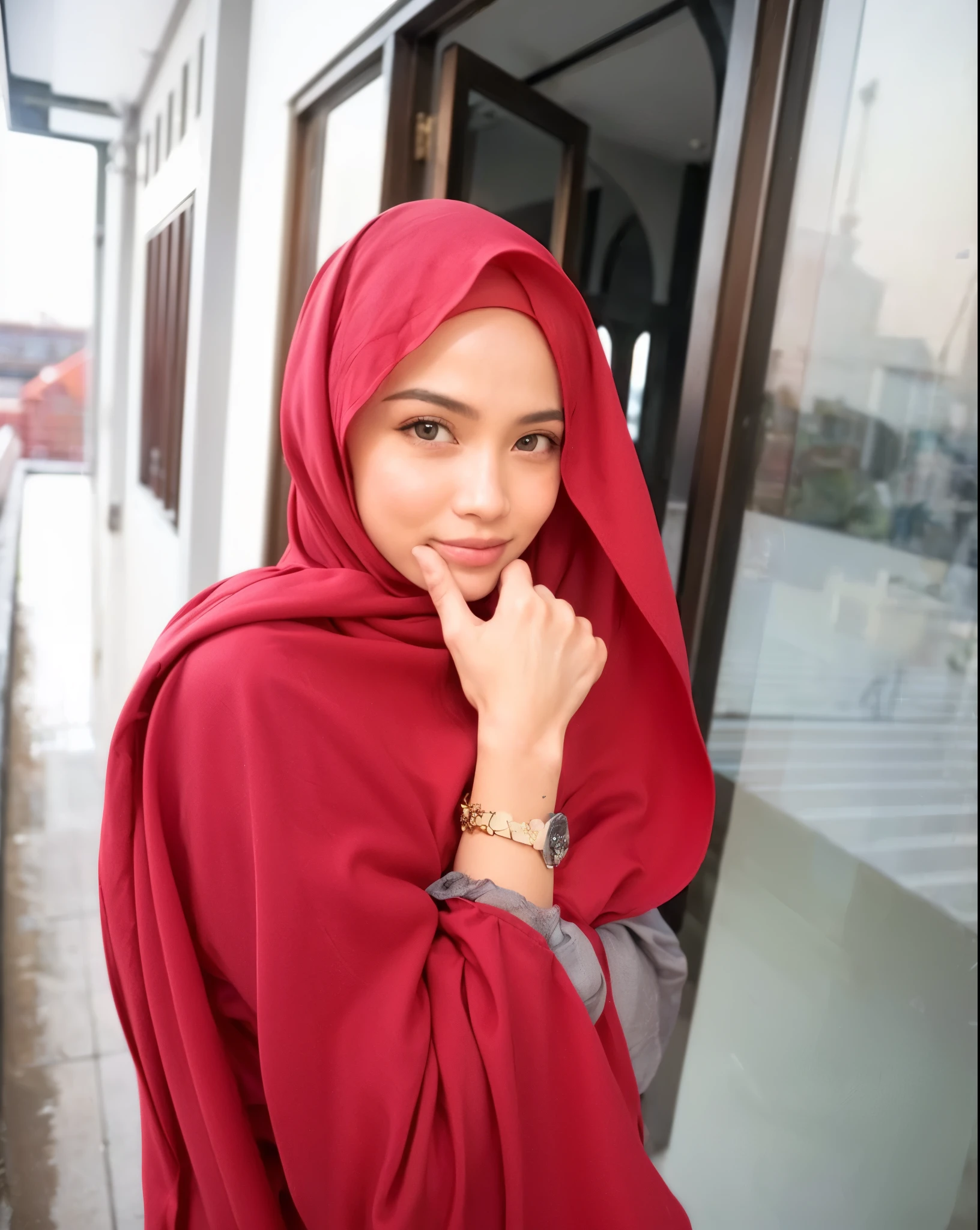 masterpiece, (ultra-high-definition portrait, vignet:1.4), Realistic, extremely detailed, CG unified, 8k, Clean lines, highly detailed, High-definition, raw color photos, she is smiling, Realistic portrait, Cinematic Light, Beautiful detailed, (1hijabgirl, indonesian:1.5), (165cm tall, big breasts with lips like she wants to kiss:1.5), Beautiful big breasts, breasts details, very tight, (Biggorgeous breast, Smiling:1.5), (Smiling, Big Breast:1.4), Close up of a girl in Beautiful clothes with errected , biggorgeous breast, Soft smile, scarf, (Bombastic Side Eyes with curvaceous body:2), pose 4 of 1 6, Undress, No bra, (s that are clearly sticking out detail:1.2), Outdoors, high intricate detailed.