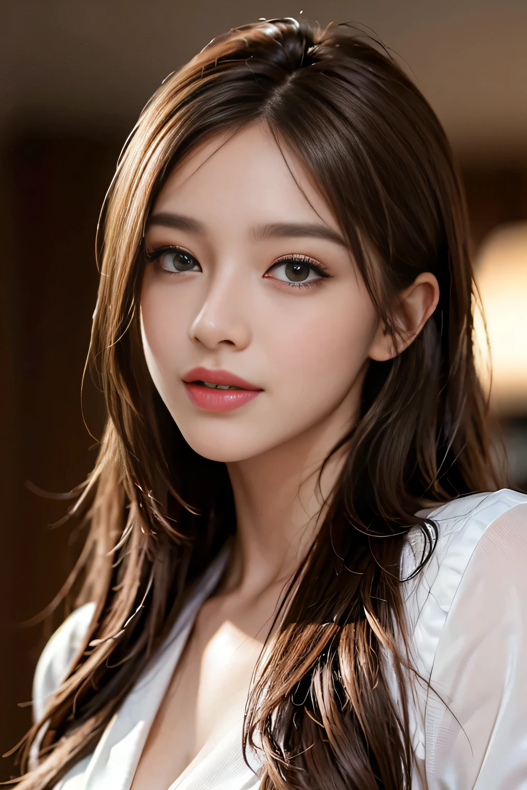 table top, highest quality, realistic, Super detailed, finely, High resolution, 8k wallpaper, 1 beautiful woman,, light brown messy hair, wearing a business suit, sharp focus, perfect dynamic composition, beautiful and detailed eyes, thin hair, Detailed realistic skin texture, smile, close-up portrait, model body shape