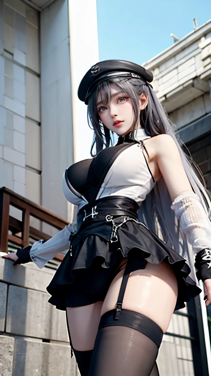 (very delicate and beautiful:1.2)super model,perfect shape,Two girls kicking at the screen,2girl,,Thighhighs,beautiful feet,beret,gentle expression,Seen by girls from below,Innocent face,mini skirt,big breasts,beautiful breasts,Girls doing roundhouse kicks from the left and right of the screen,voluptuous,bike shorts,atelier,givenchy