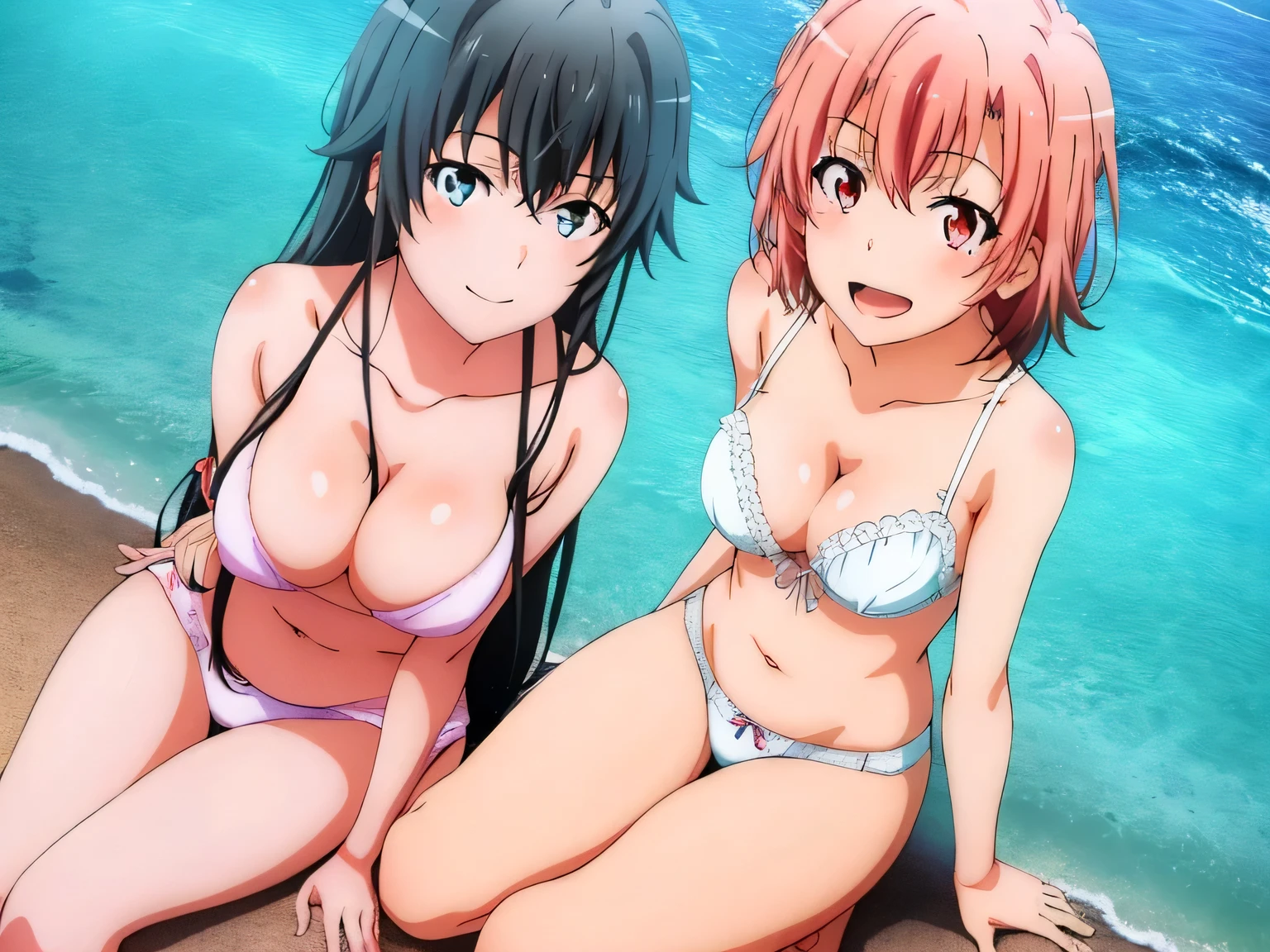 2 girls , Yukinoshita Yukino , yuigahama yui'bust and thighs are great,In underwear,Ocean,sit facing forward,belly button,white panties,light pink panties,thighs,knees,(high angle),(beautiful eyes),open mouth smile,Insert your head