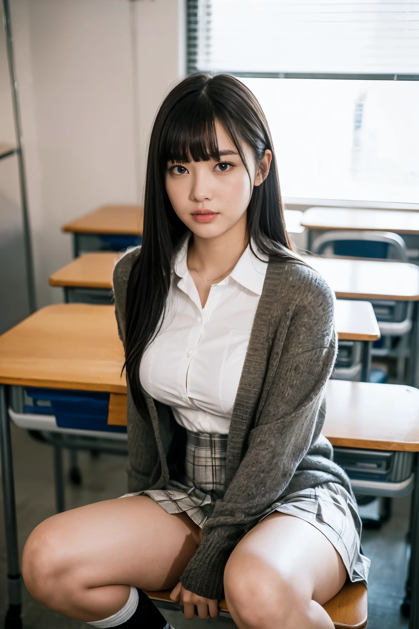 8k、high resolution、masterpiece、realistic、In detail、Fine texture、portrait from head to toe、high contrast、alone、high school girl、natural body shape、white skin、natural makeup、black hair、bangs、straight long hair、、(high  、long sleeve cardigan、white blouse、plaid pleated skirt、mini skirt)、、((big breasts))、((The upper body is wearing a uniform))、school classroom、looking at camera、thighs、white socks、black loafers、((open both knees、sitting at a desk with legs apart))、(She holds down her skirt with her hands to hide her panties.、pure white panties)、full body photo