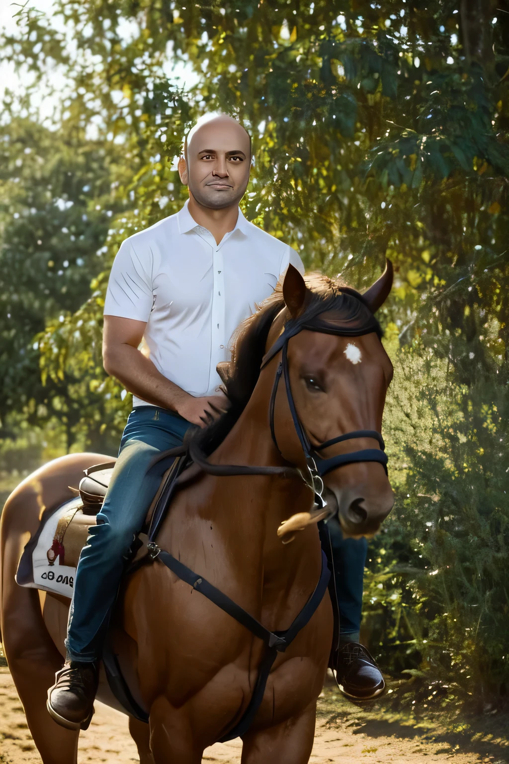 1 middle-aged man, charming, brown eyes and hair, short hair almost bald. (perfect face detail), (a handsome man on horseback),(beautiful photography),(best quality, high resolution),(realistic),(vivid colors),(portrait),(horses),(trot),(put sunset),(majestic),(detailed features),(intense gaze),(strong jaw),(elegant posture),(windblown hair),(golden hour lighting),(rural landscape),(faded light ),(dusty road),(quiet environment),(serene),(powerful),(adventurous)