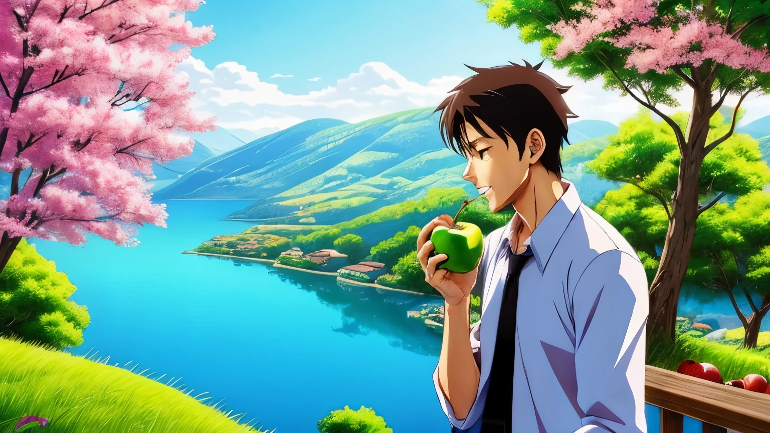 Stunning scenery of a man eating an apple HD anime style