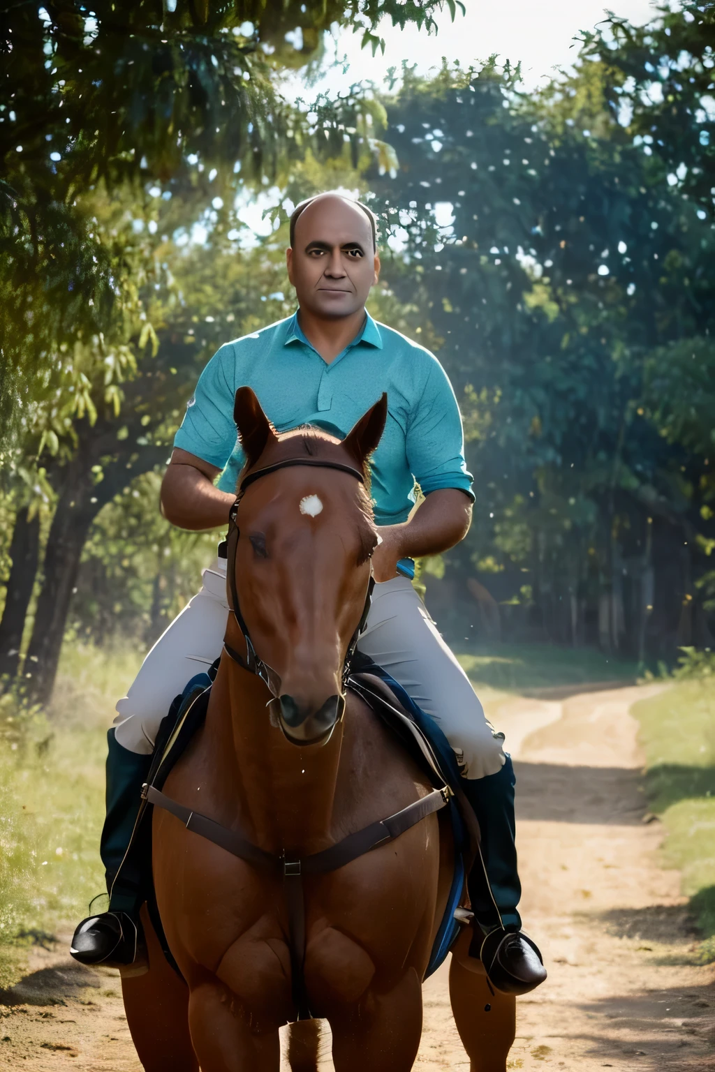 1 middle-aged man, charming, brown eyes and hair, short hair almost bald. (perfect face detail), (a handsome man on horseback),(beautiful photography),(best quality, high resolution),(realistic),(vivid colors),(portrait),(horses),(trot),(put sunset),(majestic),(detailed features),(intense gaze),(strong jaw),(elegant posture),(windblown hair),(golden hour lighting),(rural landscape),(faded light ),(dusty road),(quiet environment),(serene),(powerful),(adventurous)